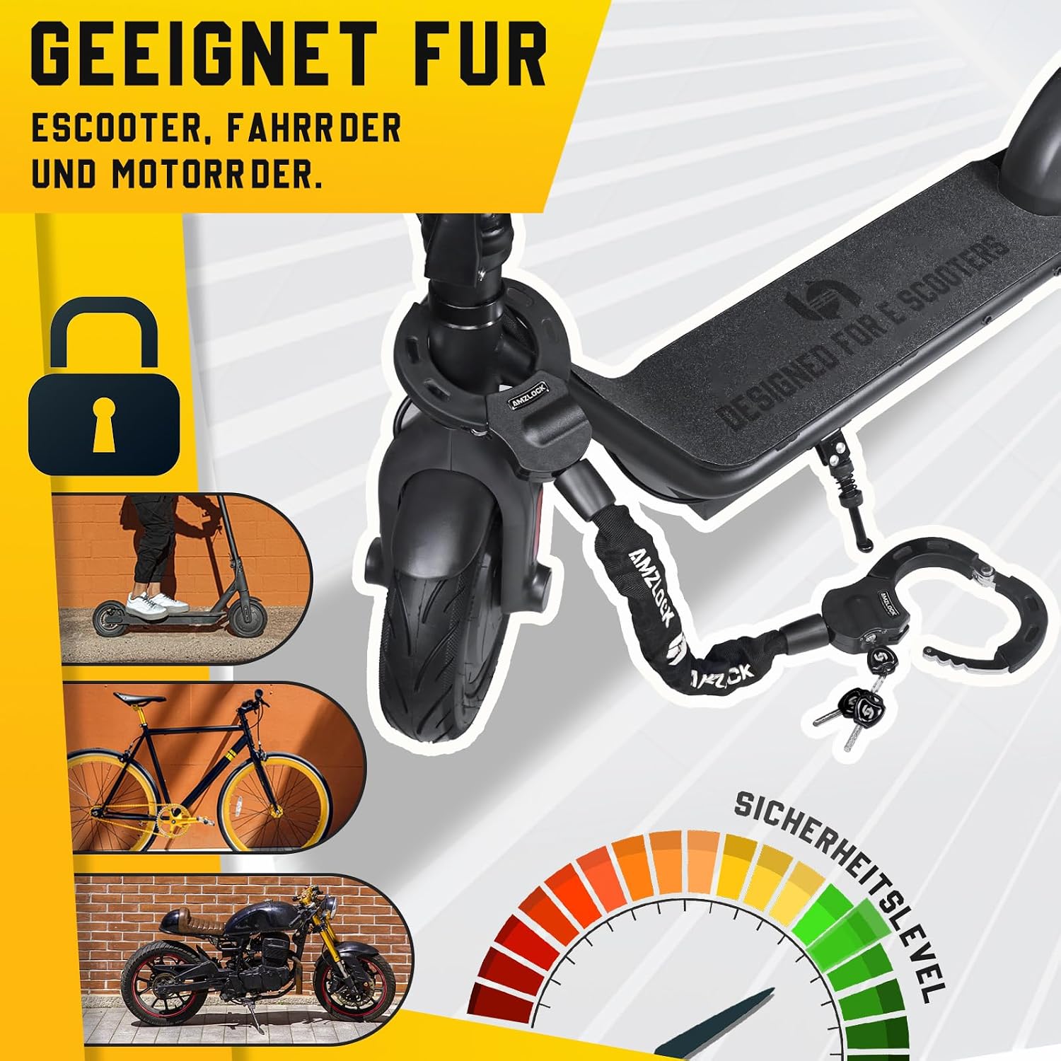 Detalle 2 de AMZLOCK E-Scooter-Schloss mit 8 mm Kettenglied (75 cm) – Handschellenschloss für E-Roller & Fahrrad, 3 Schlüssel