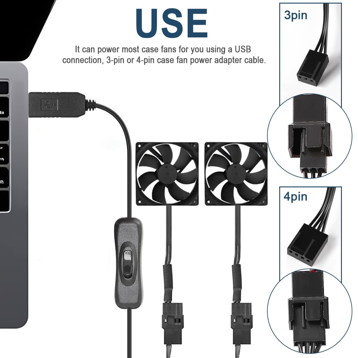 Thumbnail 4 de DAOKAI USB to 3/4 Pin PWM Fan Power Cable (Boost DC5V to DC12V) with Switch — Plug and Play