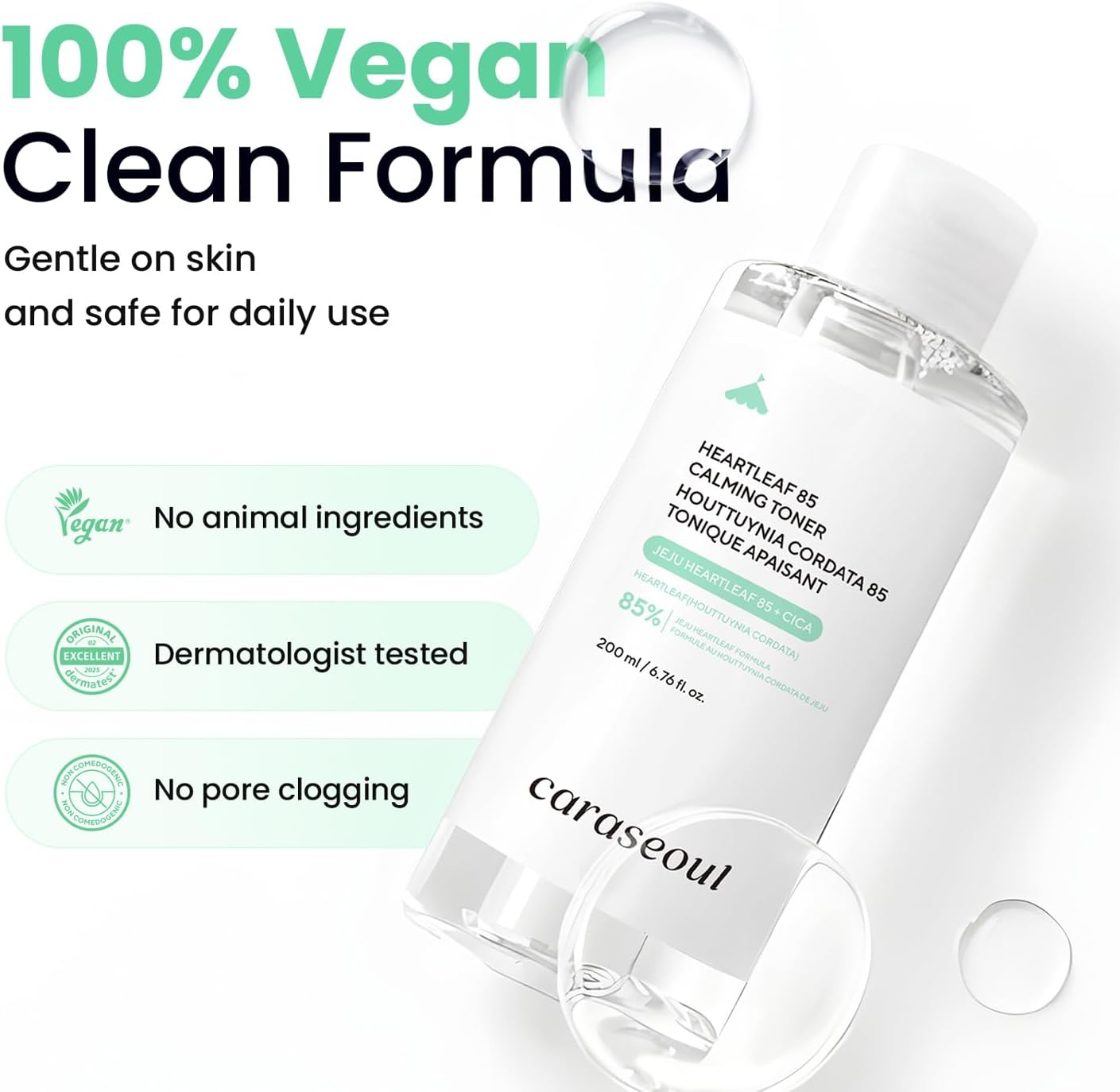Detalle de caraseoul Heartleaf 85 Calming Toner for Face – 85% Jeju Heartleaf Extract, pH Balanced, for Sensitive Skin