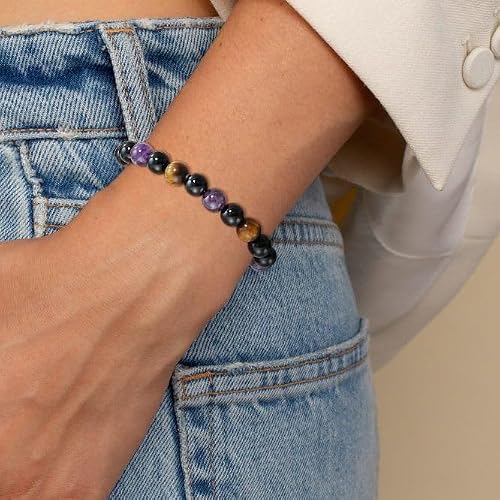 Detalle de ESPVO Crystal Bracelets Gift for Women – Amethyst, Tiger's Eye & Black Tourmaline Beaded Bracelet