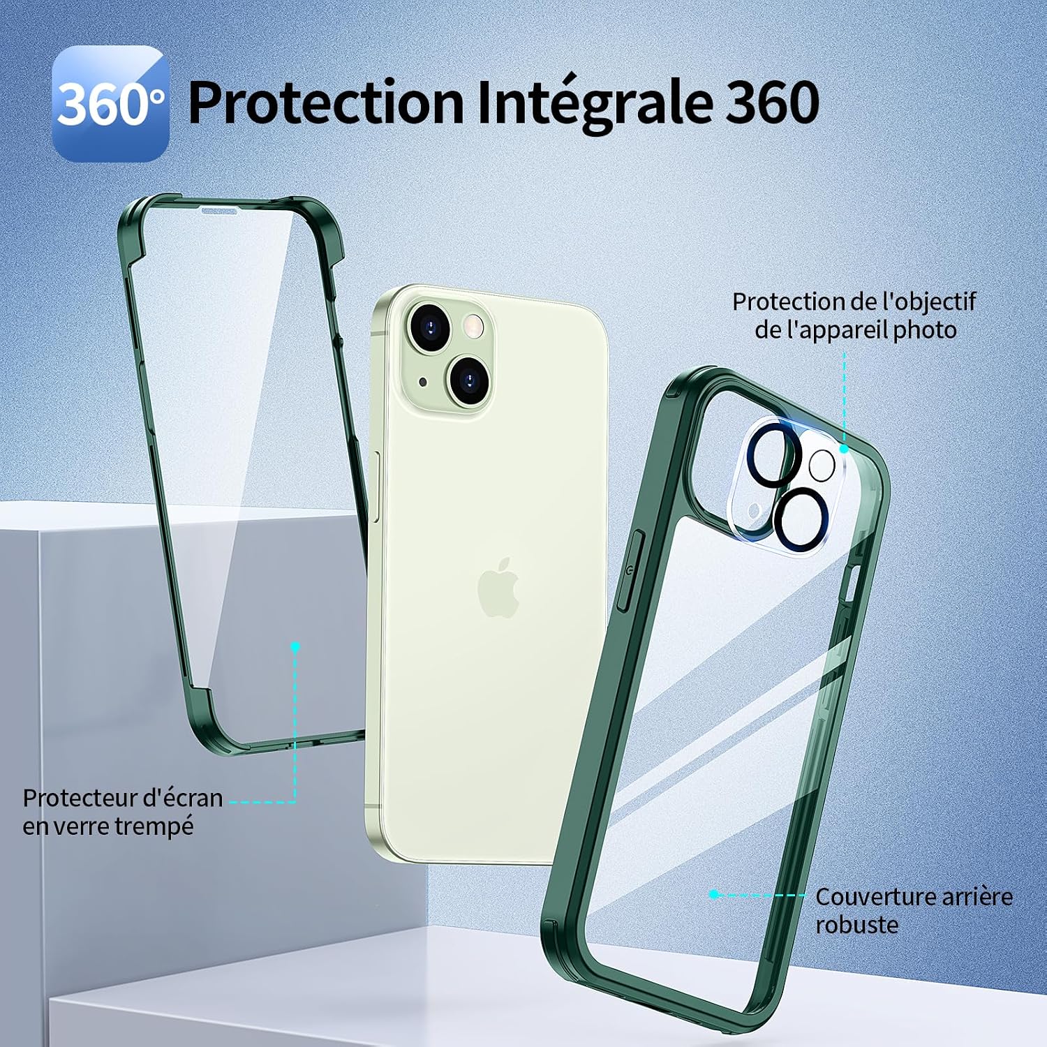 Detalle de seacosmo Coque pour iPhone 15 Plus 6,7 Pouces – Protection intégrale verte avec verre trempé et bumper robuste