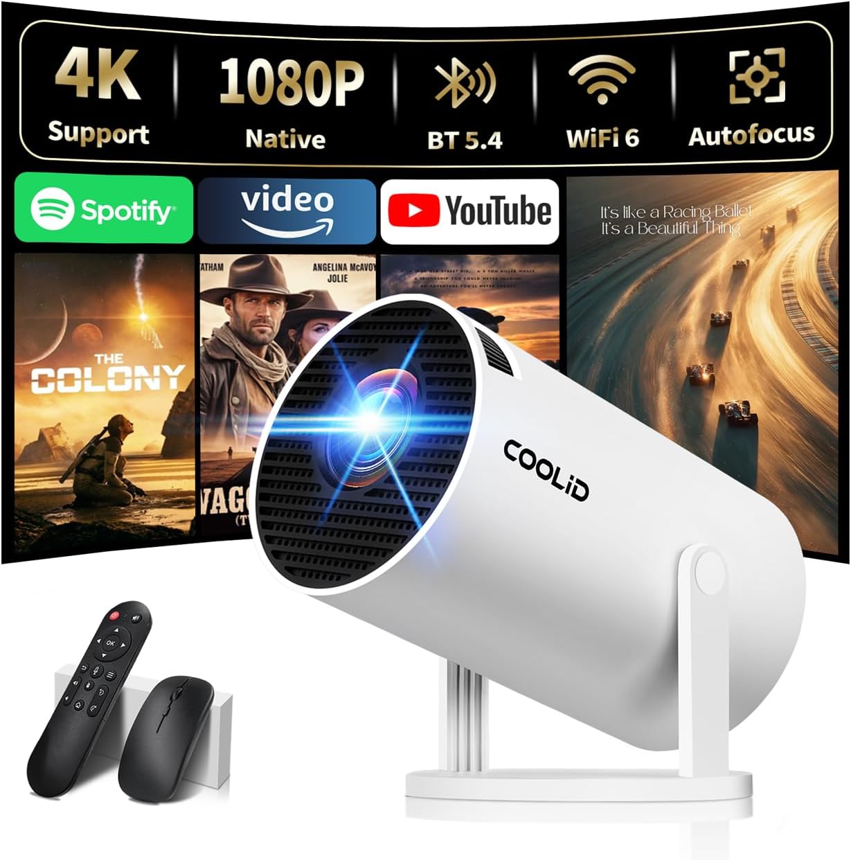 Detalle de Tragbarer Mini-Beamer mit 4K/1080p, WiFi 6 & Bluetooth 5.4 – 1.400 Lumen, 180° drehbar, Weiß