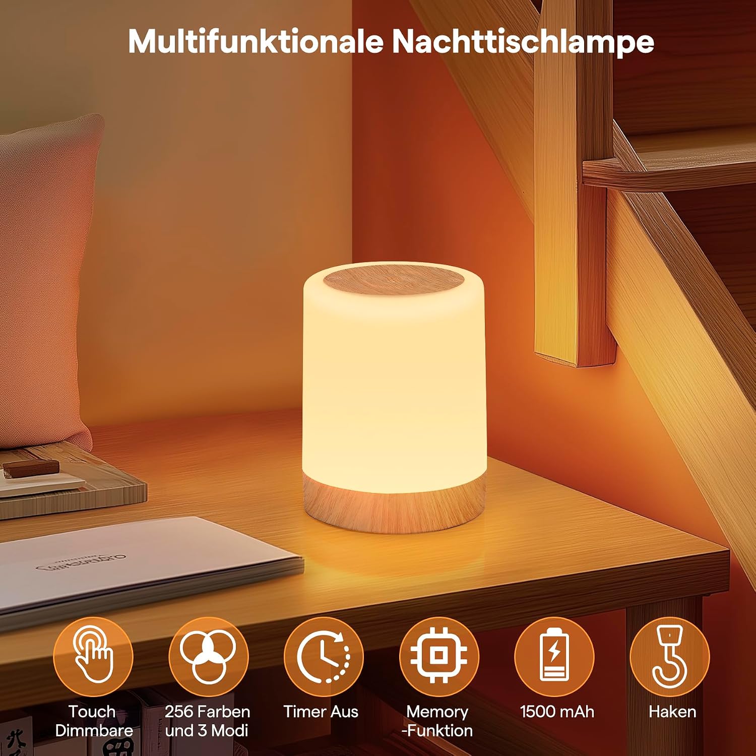 Detalle de Bonsery Touch dimmbare Nachttischlampe mit 256 Farben, USB-Akku & Timer