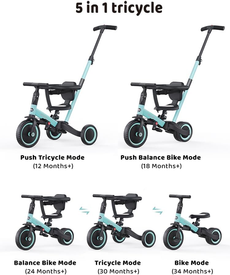 Detalle de newyoo 5-in-1 Toddler Tricycle for 1-3 Year Olds (Blue) with Push Handle, Safety Guard and Belt