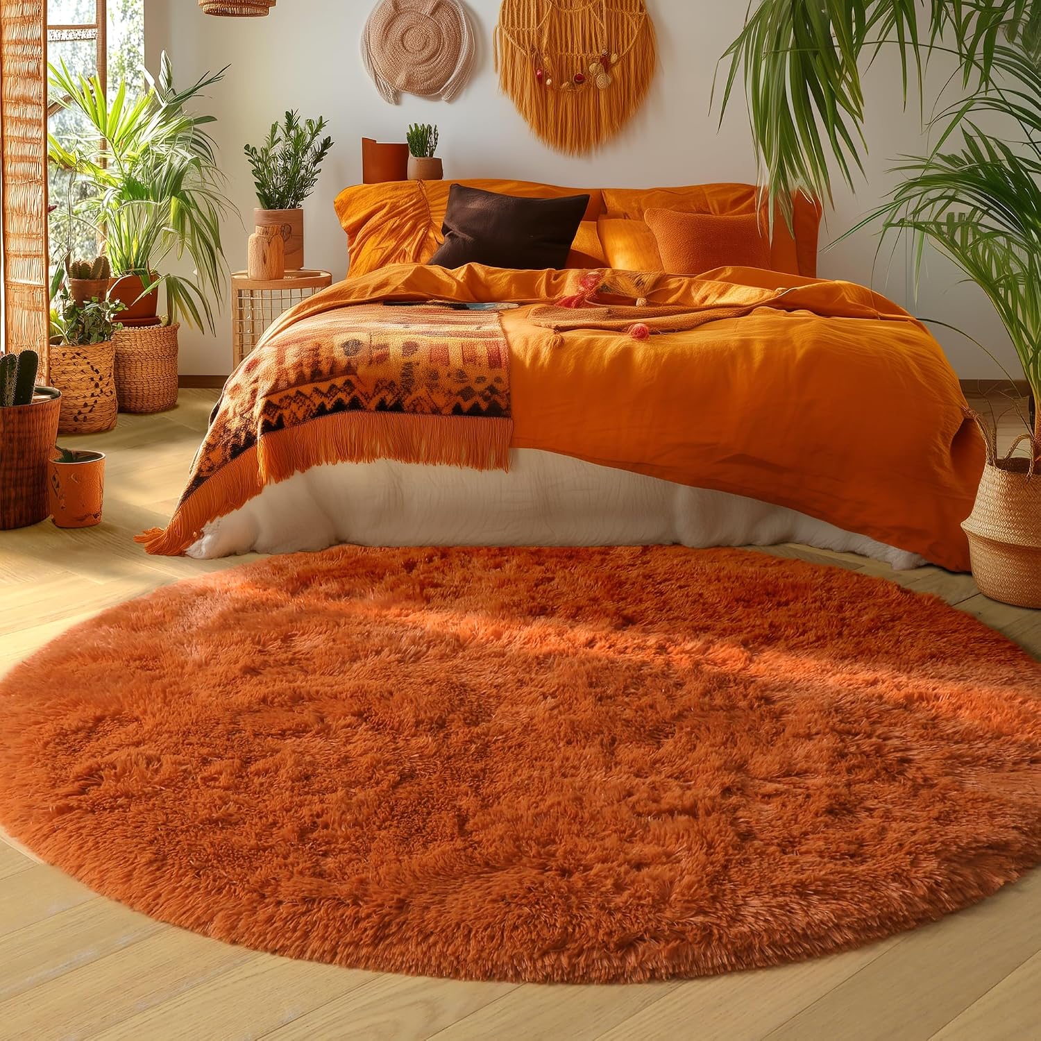 Thumbnail 4 de Amdrebio 7-Ft Burnt Orange Round Shag Area Rug, Plush Microfiber