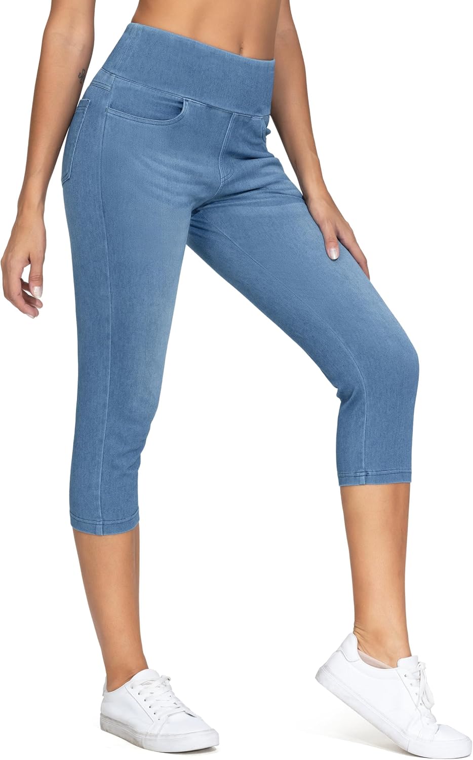 Detalle de THE GYM PEOPLE Women's High Waisted Capri Jeggings with Pockets