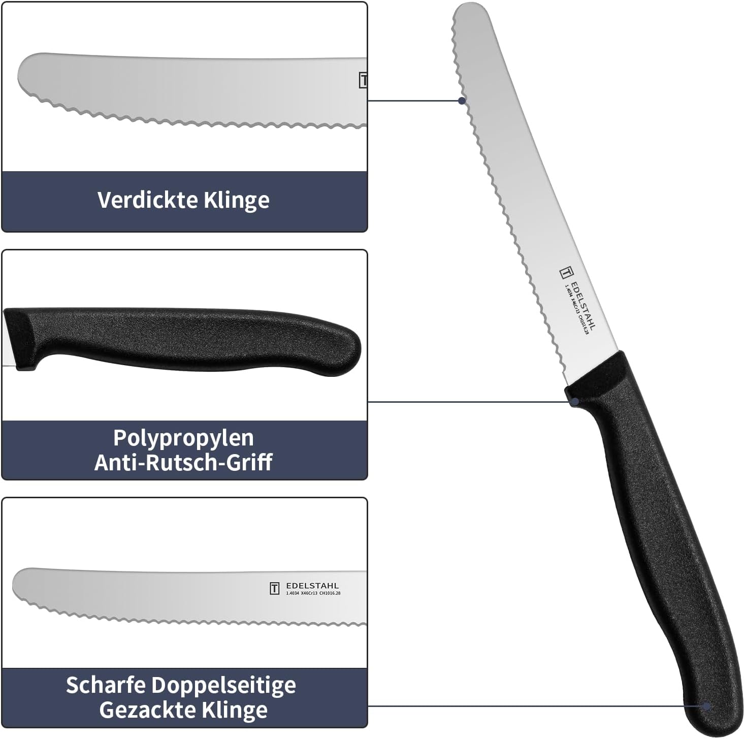Detalle 2 de targzier Frühstücksmesser 6er-Set aus Edelstahl mit Wellenschliff und PP-Kunststoffgriff