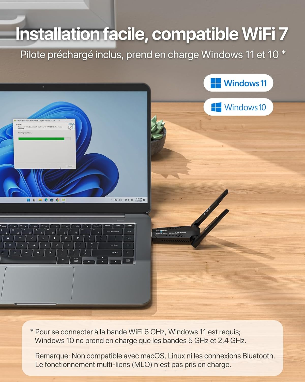 Detalle de BrosTrend BE6500 Clé WiFi 7 USB tri-bande 6 GHz/5 GHz/2,4 GHz (WPA3) pour PC