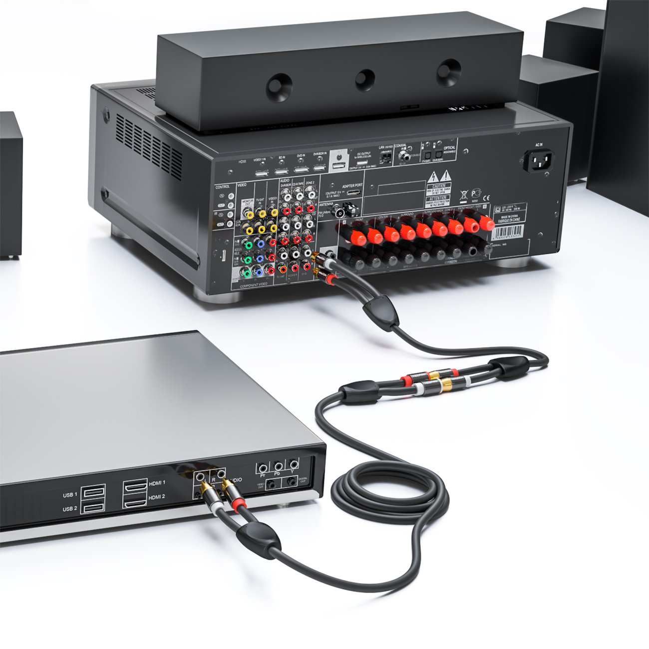 Detalle de deleyCON 2m Cinch RCA Verlängerungskabel – 2x Stecker zu 2x Buchse, vergoldete Metallkontakte, Schwarz