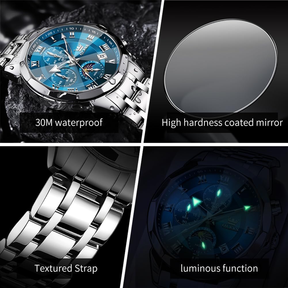 Thumbnail 5 de OLEVS Herren Uhr Quarz Luxus – Multifunktion Chronograph Mondphase, Edelstahl, 3 ATM