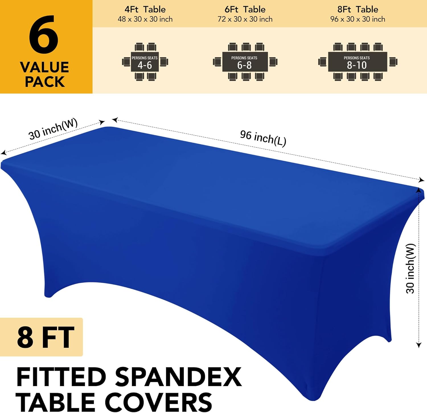 Thumbnail 5 de Dailyset 6-Pack Premium Royal Blue Spandex Tablecloths for 8ft Rectangular Tables