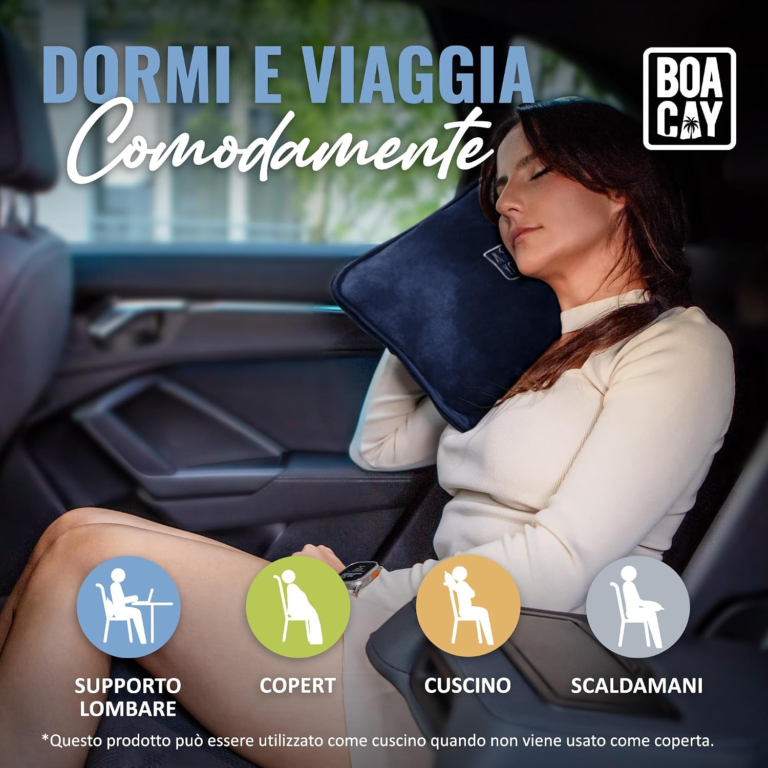 Detalle de BOACAY Coperta da viaggio morbida e calda 2-in-1 per aereo e auto (100x160 cm) con manica per bagagli e clip per zaino