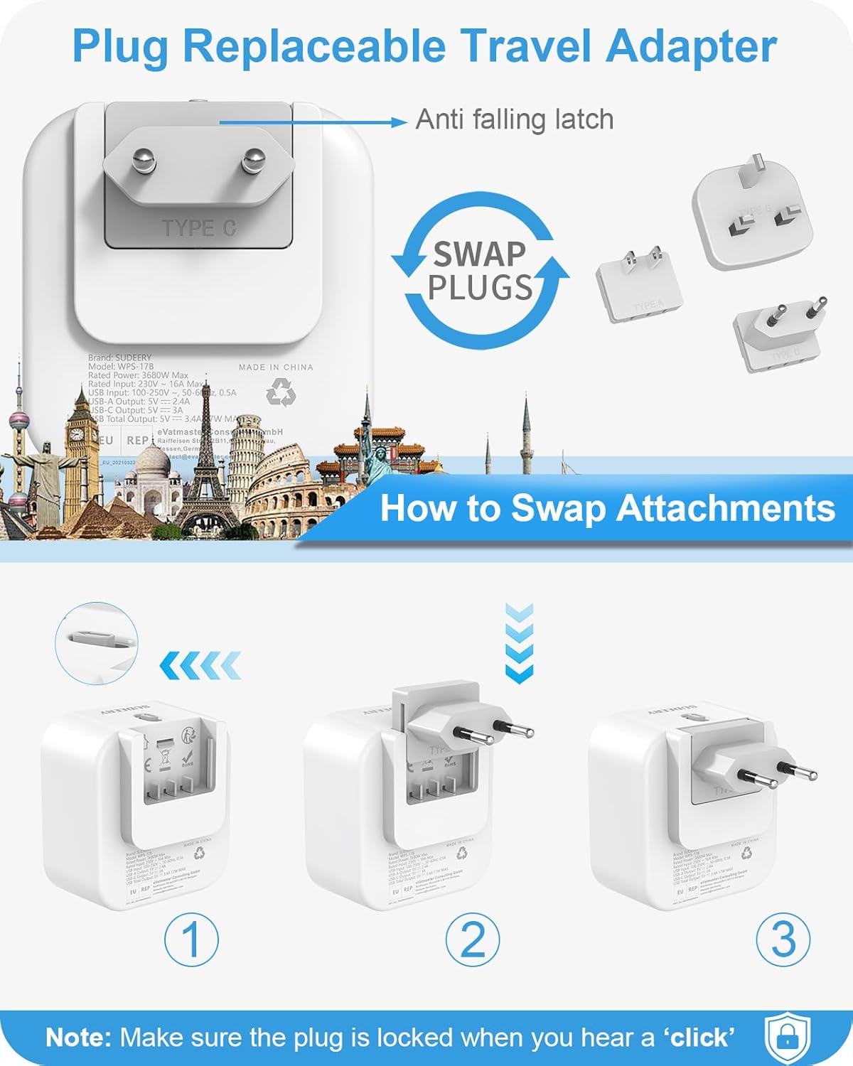 Detalle de Reisestecker Weltweit Universal-Reiseadapter 6-in-1 mit USB-C & USB-A (Japan/Europa/England, 3 Stecksysteme)