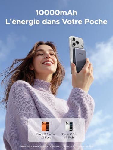 Detalle de UGREEN Zapix Batterie Externe MagSafe 10000mAh — Charge rapide USB-C PD 20W et sans fil Qi 7,5W