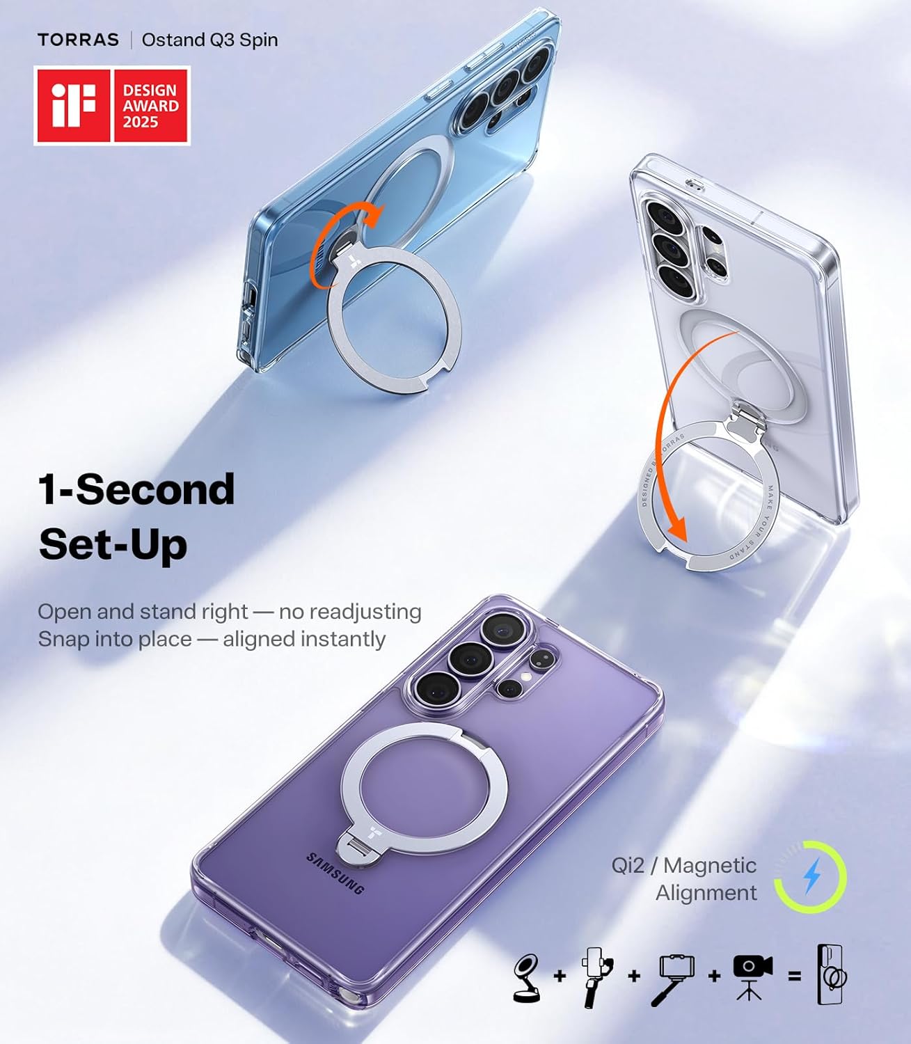 Detalle de TORRAS Q3 Spin Case with Kickstand for Samsung Galaxy S26 Ultra (Clear, MagSafe-compatible)