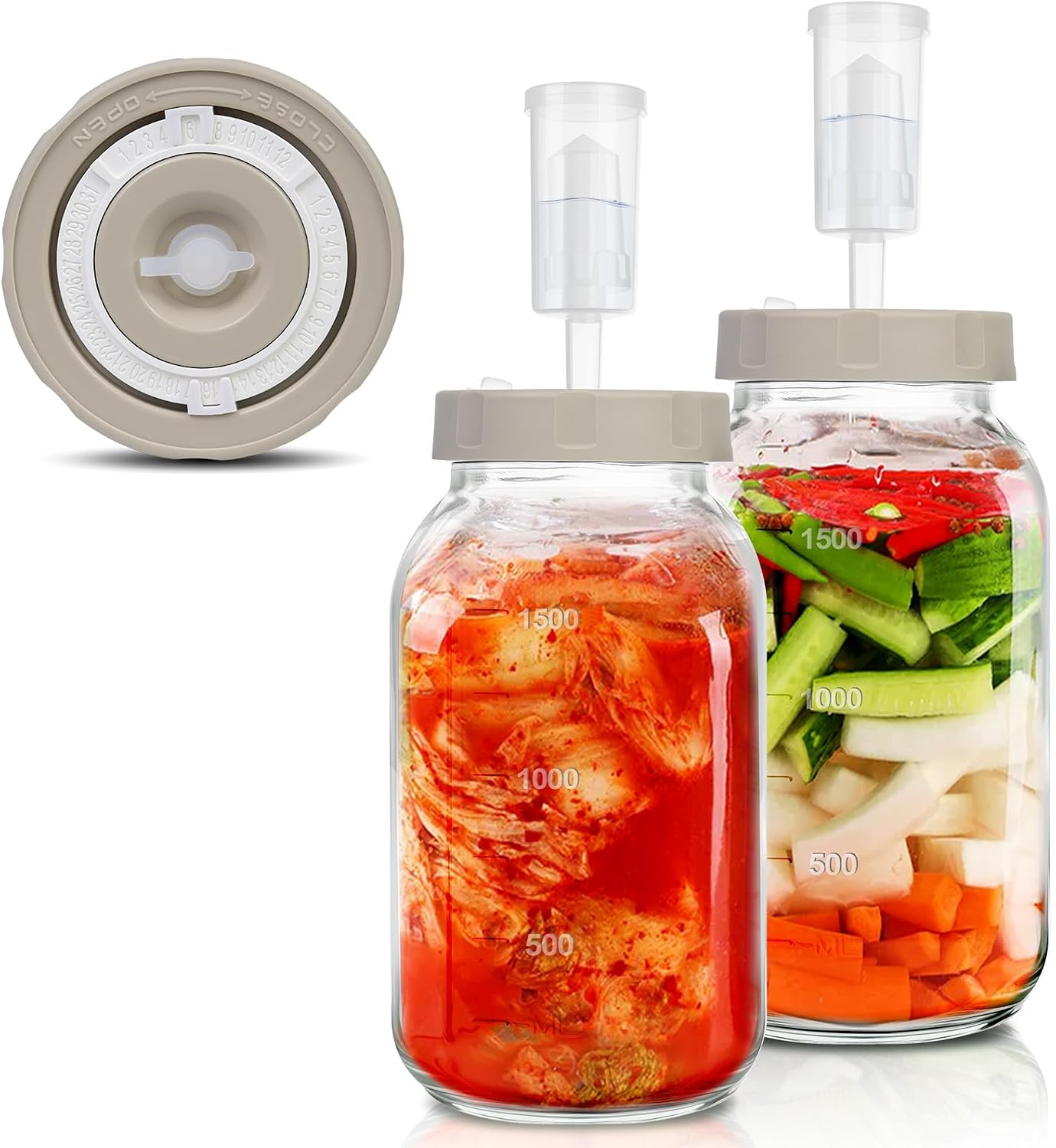 Detalle de YUEYEE Fermentierglas 2 Stück 2L mit Datumsanzeige – Gärglas mit Luftschleuse für Kimchi, Sauerkraut und mehr