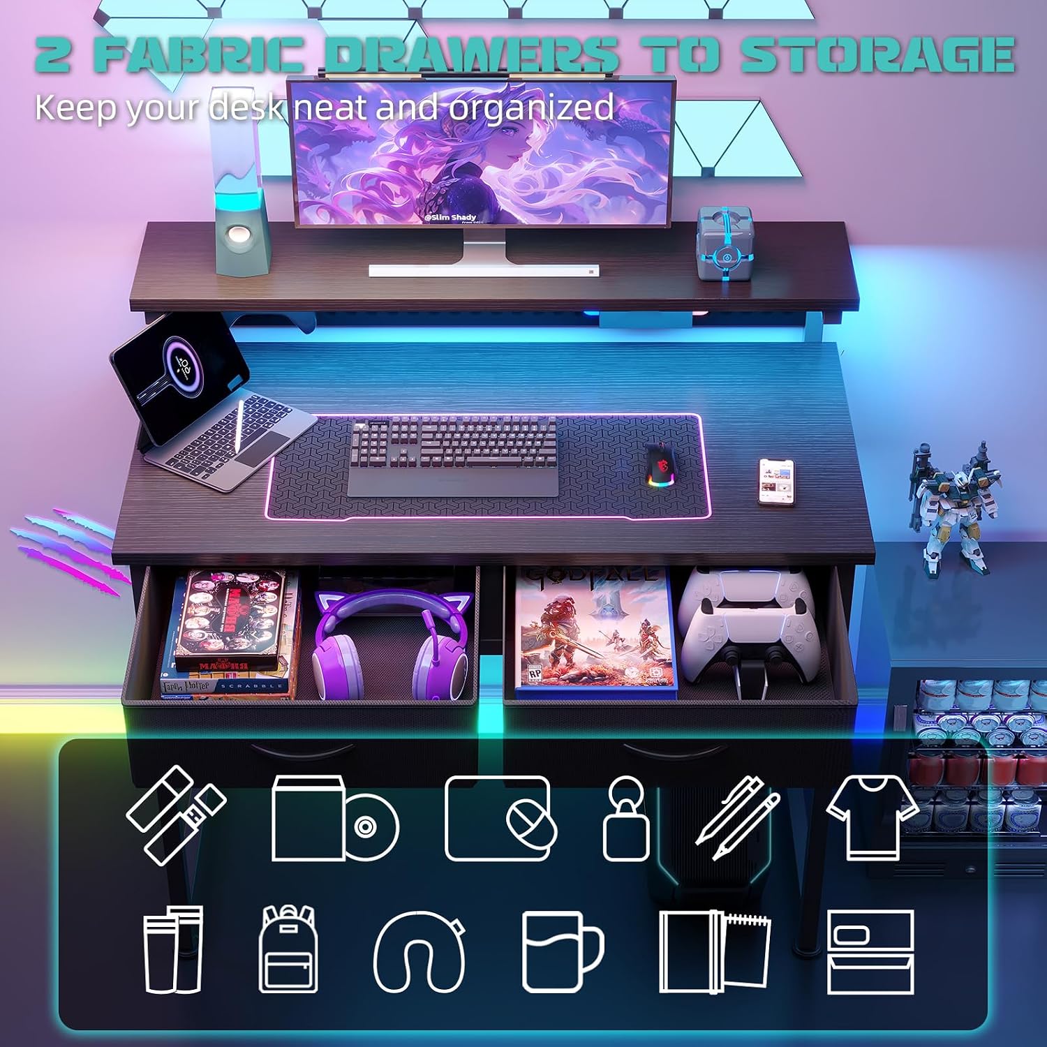 Detalle 2 de Flrrtenv 31-Inch Gaming Desk with Pegboard, Adjustable LED and 2 Drawers