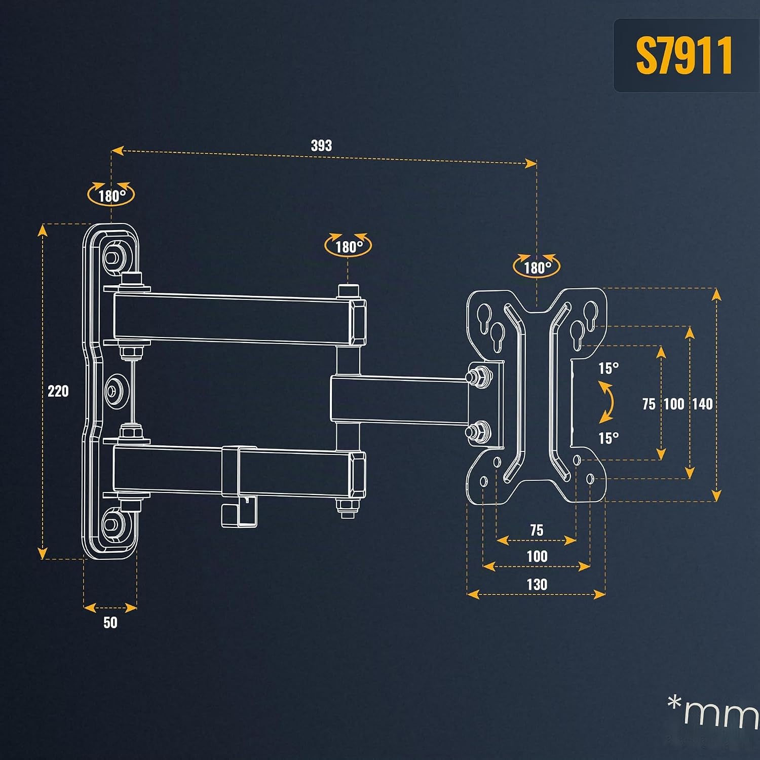 Detalle de RICOO S7911 Staffa: supporto parete per monitor 13–34 pollici, compatibile VESA 75x75 / 100x100, inclinabile e girevole fino a 15 kg