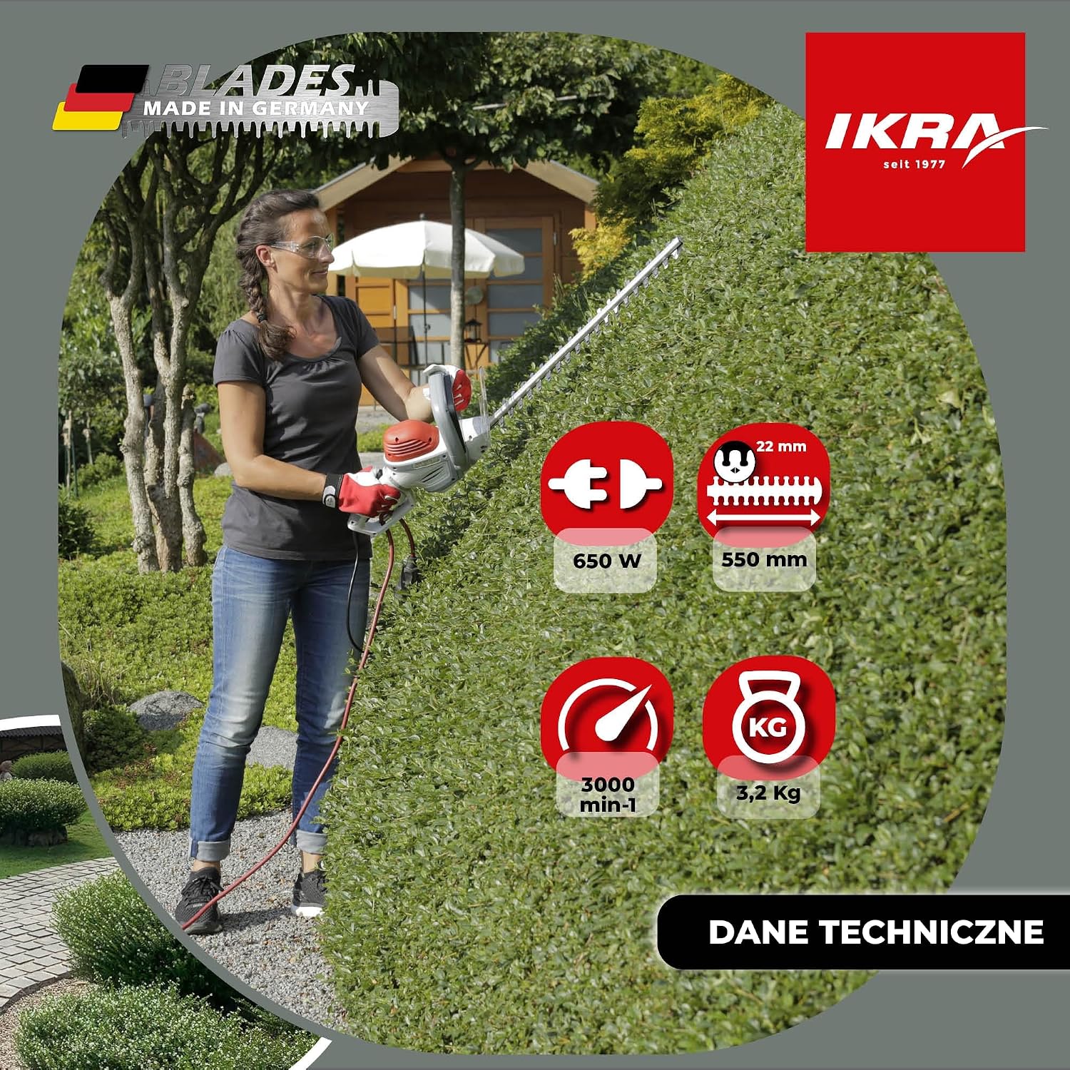 Detalle de IKRA IHS 650 – elektryczne nożyce do żywopłotu, 55 cm, 650 W, cięcie 22 mm