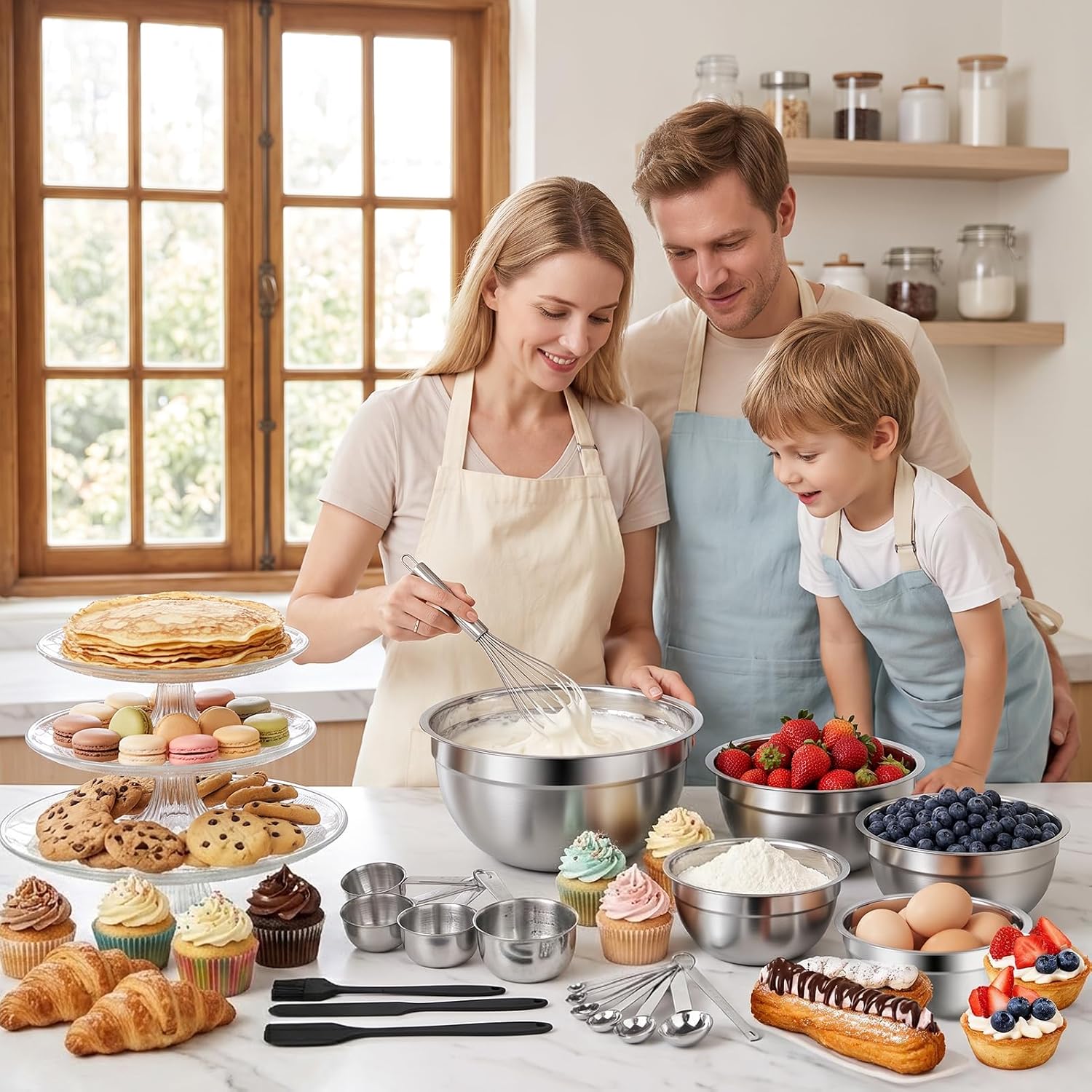 Detalle de WEPSEN 25-Piece Stainless Steel Mixing Bowls Set with Lids (5 Sizes) and Measuring Tools