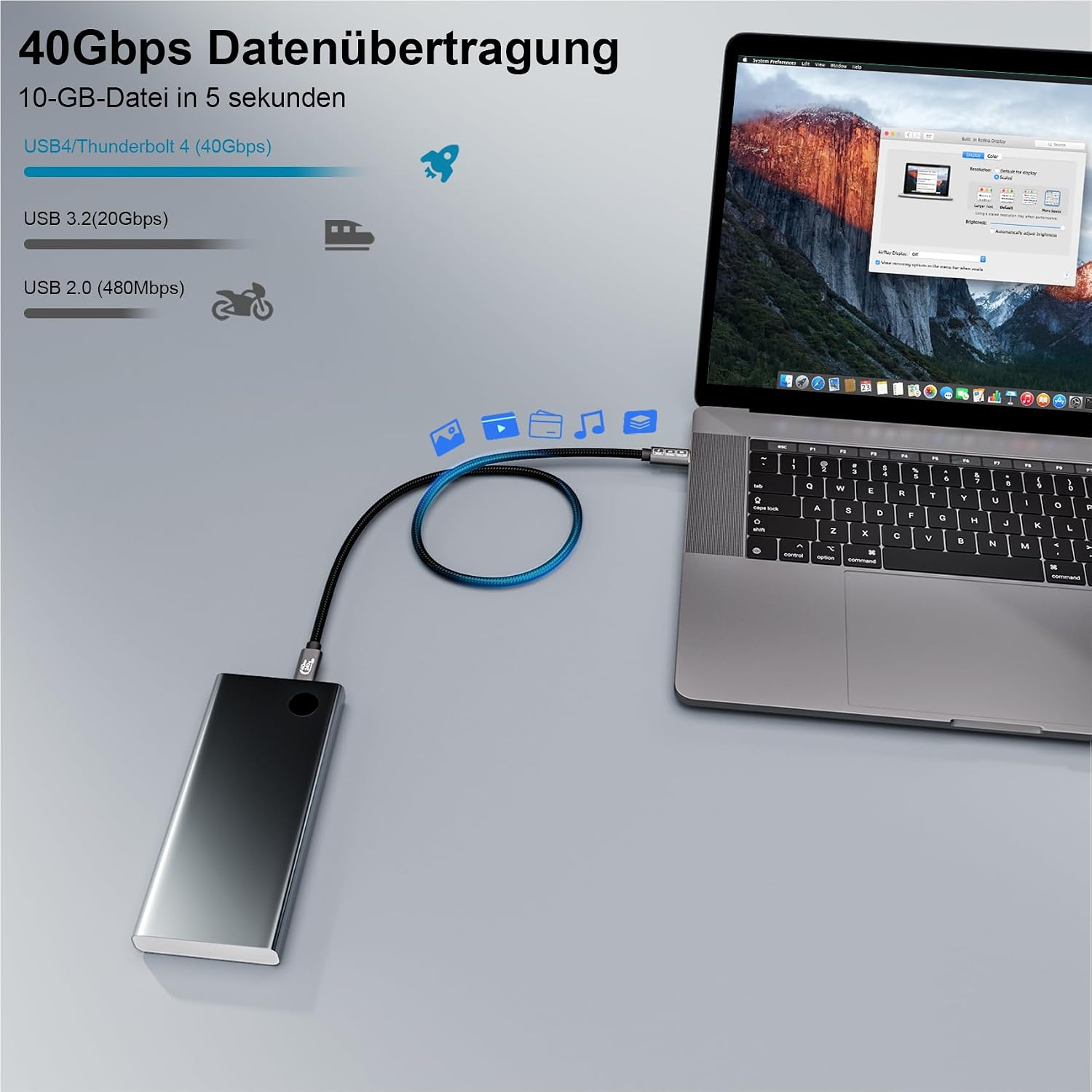 Detalle de EUDOBEL USB4 Kabel mit Thunderbolt 4, 2 m – 8K@60Hz, 4K@144Hz, 240W PD3.1, 40 Gbps