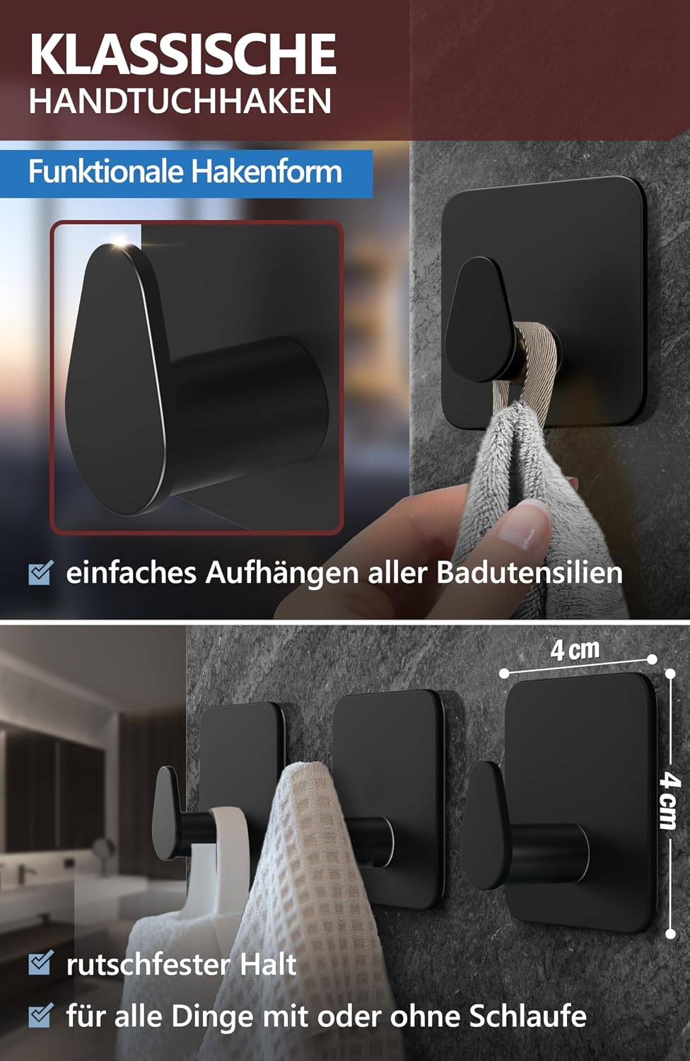 Detalle de 4smile Handtuchhalter ohne Bohren, schwarz – 6er-Set Edelstahl-Klebehaken