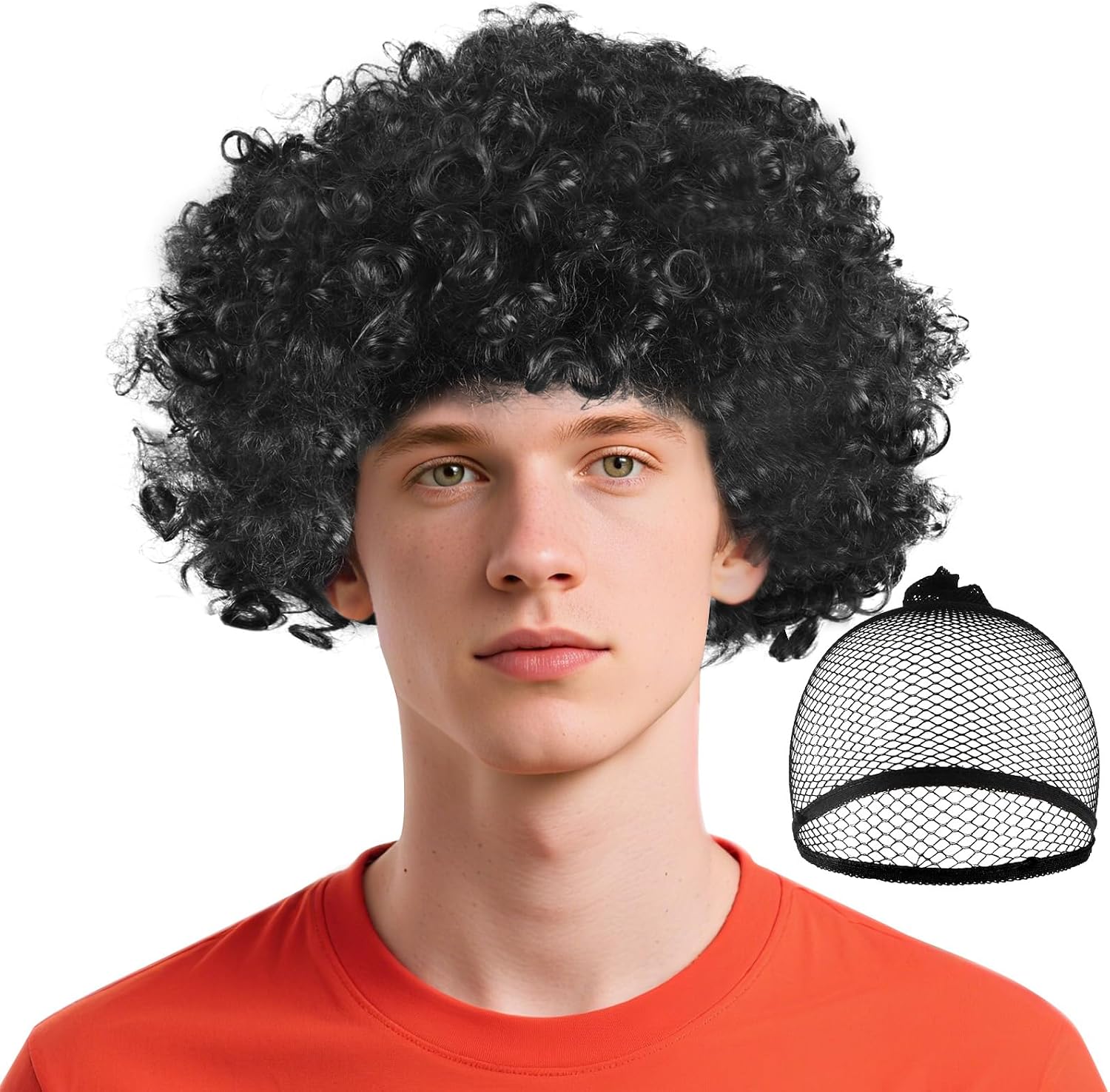 Detalle de BSBUY 5189669 zwarte krulpruik voor clown en carnaval, hittebestendige vezel