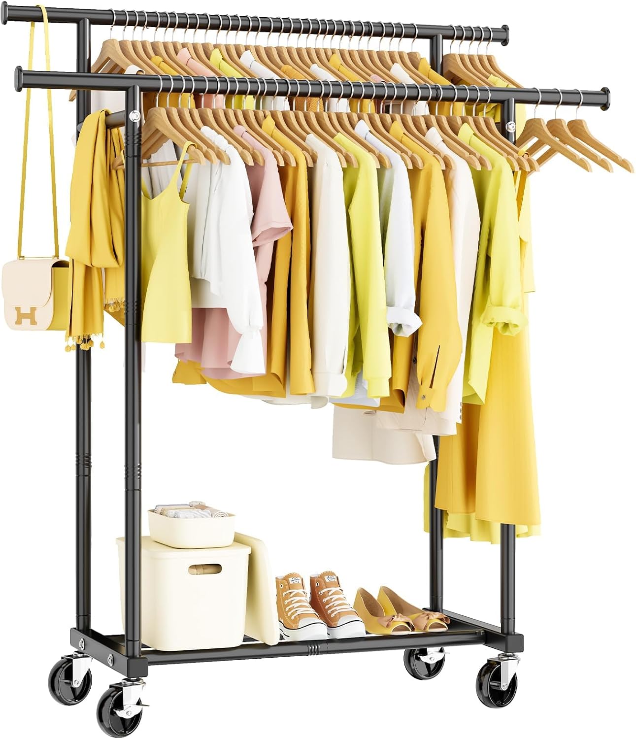 Detalle de HYSEYY HY-1315-BLACK1 Double-Rod Garment Rack with Shelf and Swivel Wheels