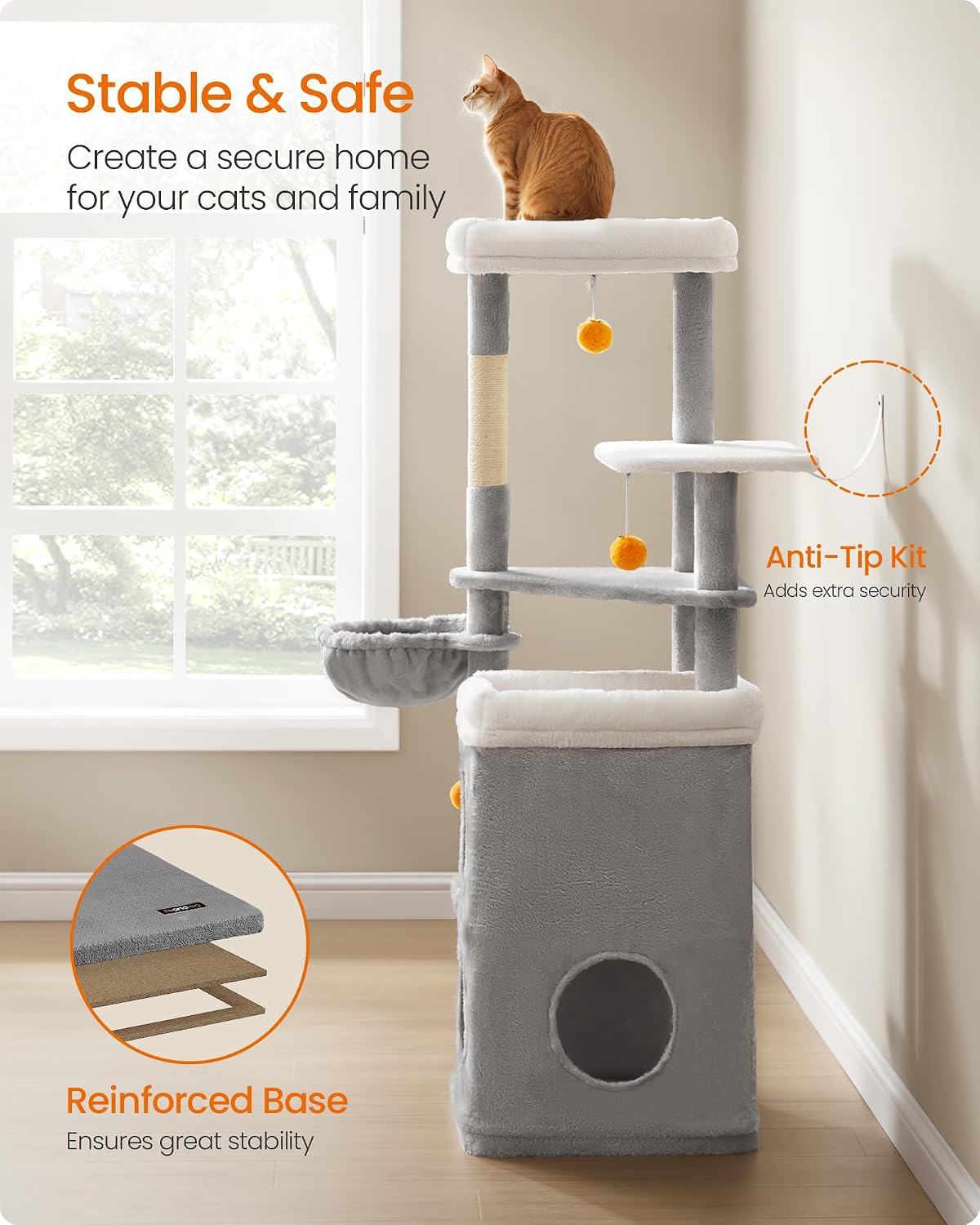 Detalle 2 de FEANDREA Tall Cat Tree, 150 cm, Two Caves and Three Sisal Scratching Posts
