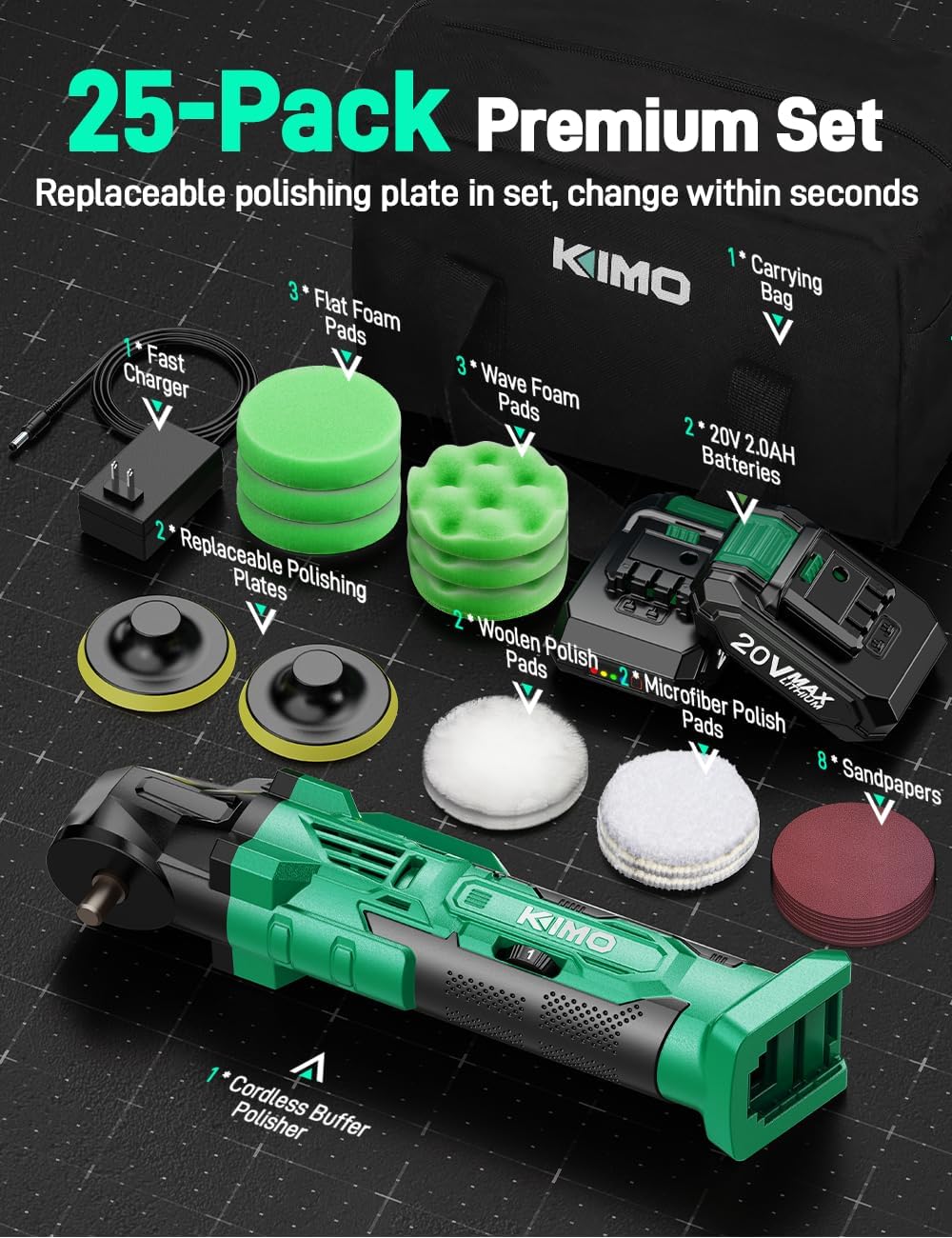 Detalle de KIMO 20V Cordless Buffer Polisher Kit (4-Inch, 25-Piece Polishing Kit) with 2*2000mAh Batteries