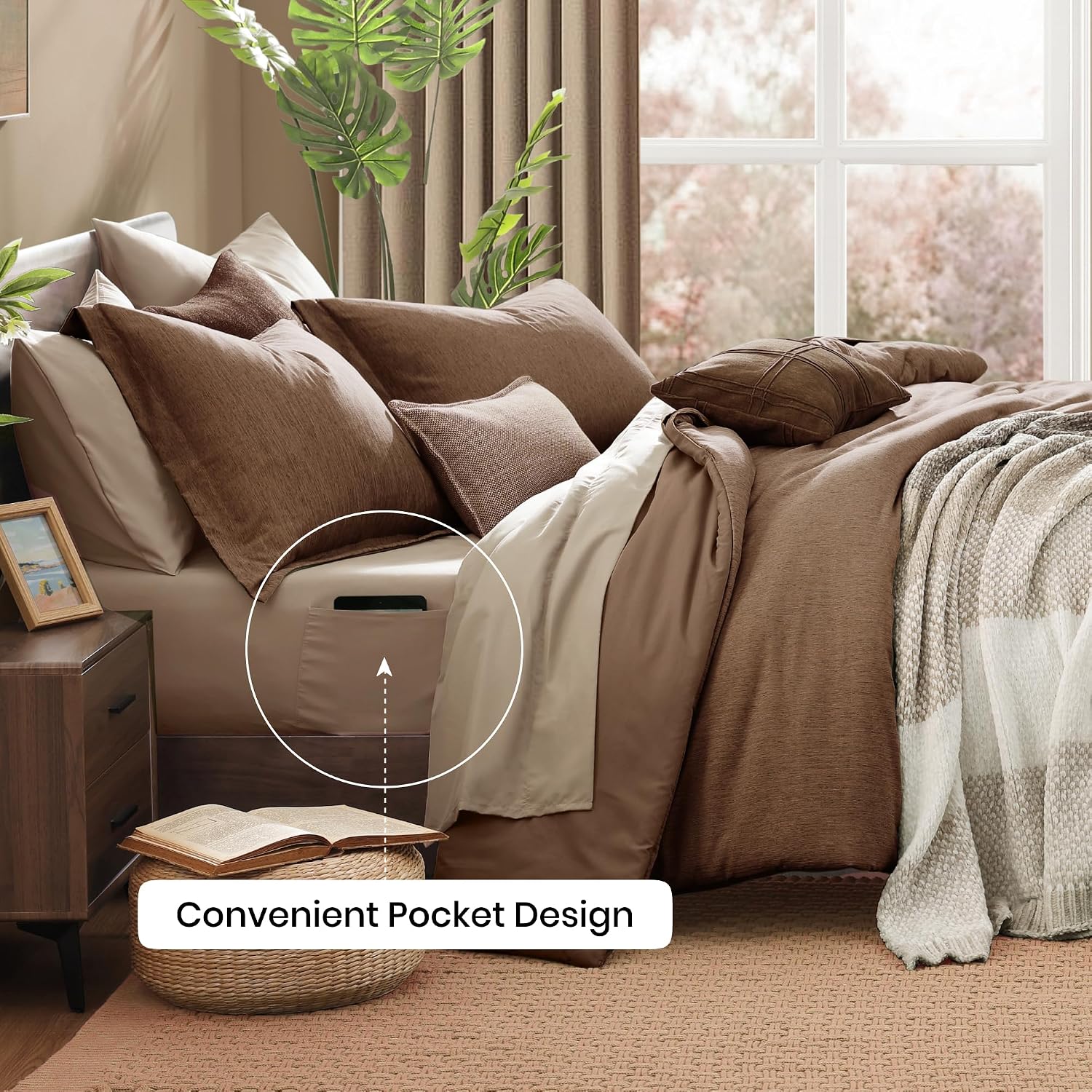Detalle 1 de Monbix King Size Comforter Set, 7-Piece Brown Reversible Bedding