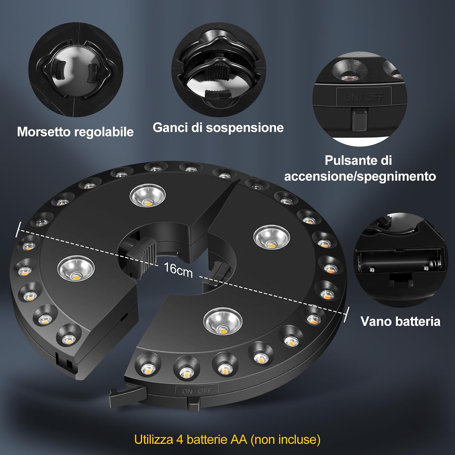 Detalle 2 de Luce per Ombrellone HELESIN: 28 LED, 200 Lumen, 3 modalità, wireless, 4 AA