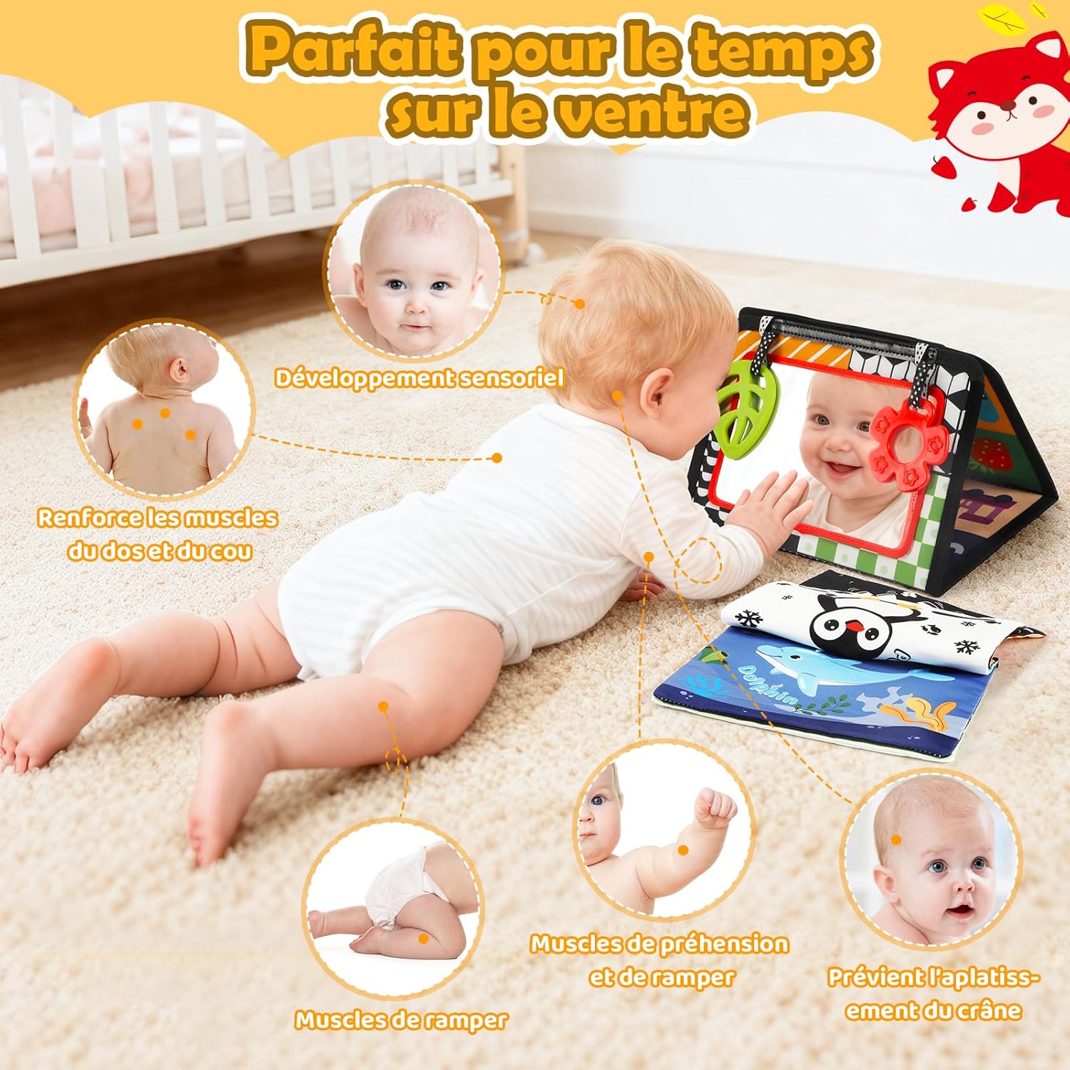 Thumbnail 3 de BBWOO Grand Livre Pliable Montessori 0–12 Mois: Tummy Time avec Miroir et Dentition Sensorielle