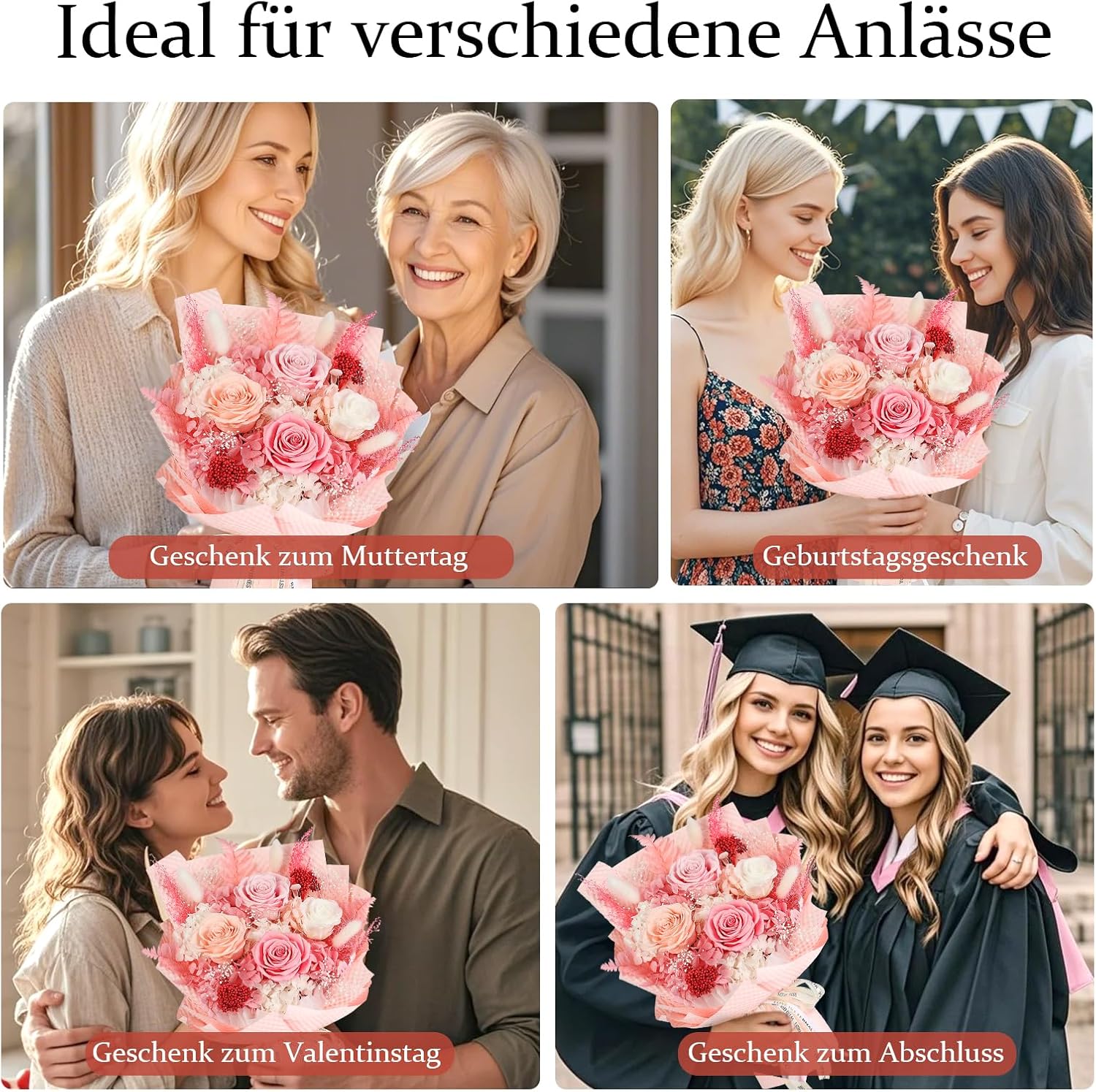 Thumbnail 6 de Ewige Rosen Strauß mit Vase – Rosa, 4 Übergroße Rosen, integrierte Vase