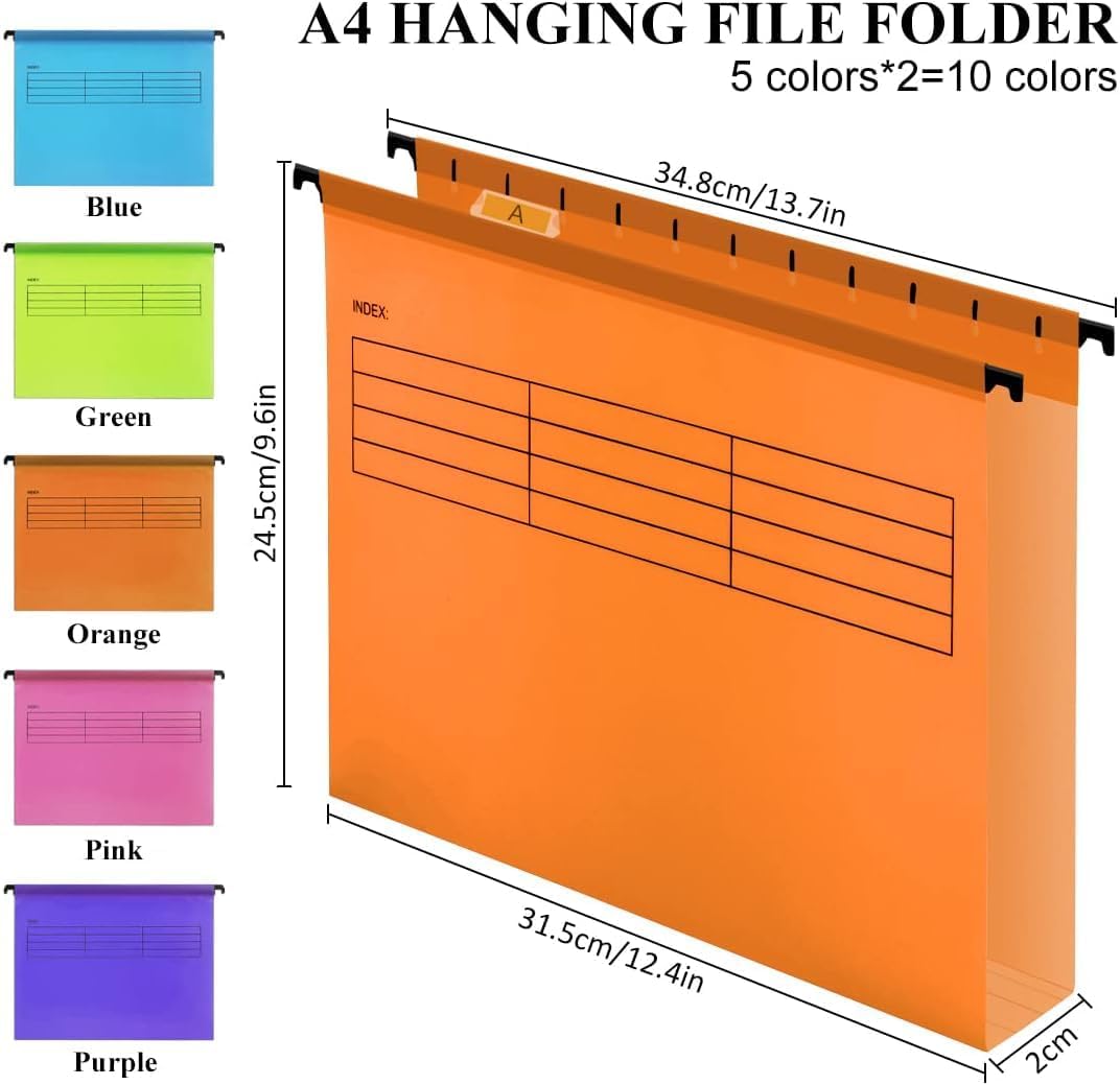 Thumbnail 1 de A4 Suspension File Set: 10 Polypropylene Hanging Filing Folders with Tabs and Card Inserts