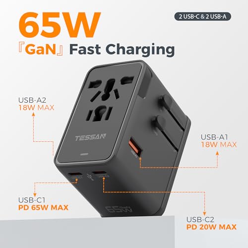 Thumbnail 3 de TESSAN GaN 65W Universal Travel Adapter with 2 USB C and 2 USB A