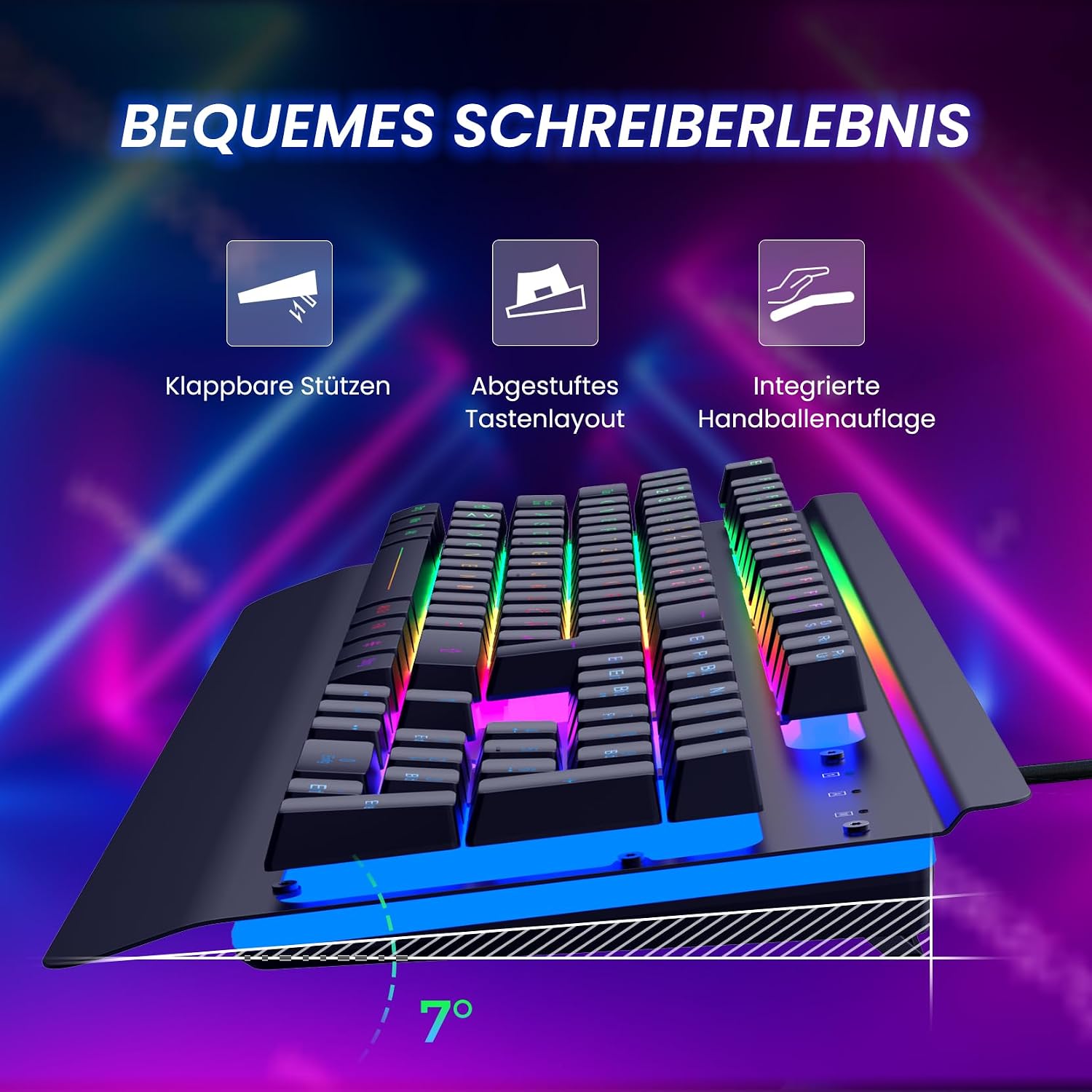 Detalle de RisoPhy Gaming Tastatur, QWERTZ, Vollmetallgehäuse – beleuchtet, leise, mit Handballenauflage