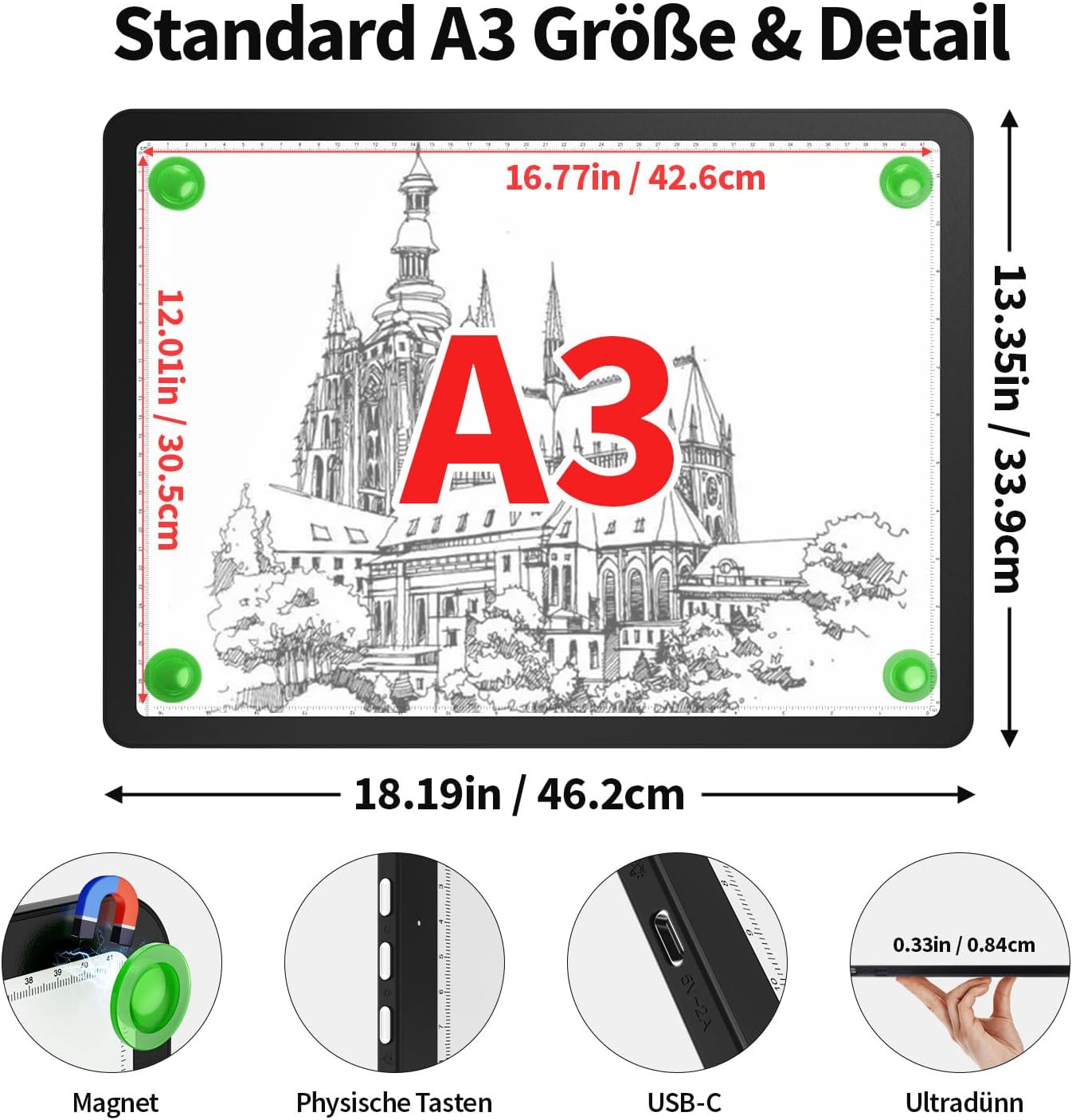 Detalle 2 de Zocelight wiederaufladbarer A3 Leuchttisch mit LED & 4 Magneten (4000 mAh, schwarz)