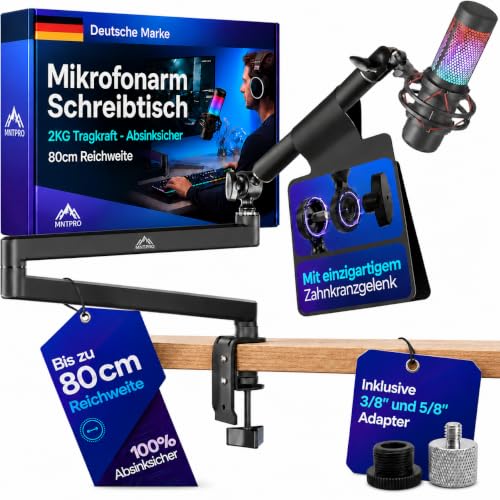 Detalle de MNTPRO Mikrofonarm Schreibtisch Low Profile – 80 cm Reichweite, Absinksicher, 2 kg Tragkraft
