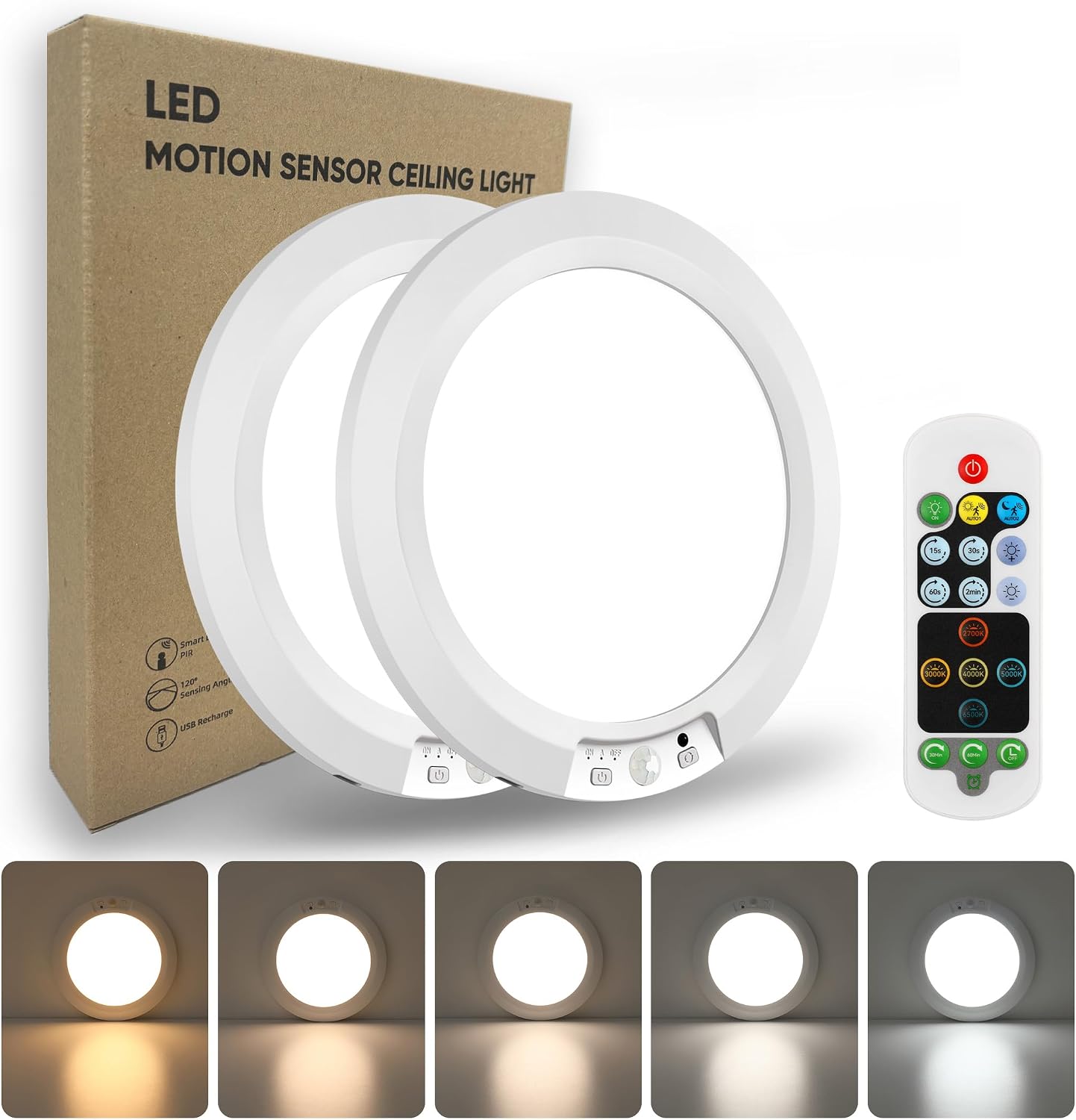Detalle de APCENS HY-P05 Motion Sensor Ceiling Light, 2-Pack, 450 lm, USB-C Rechargeable