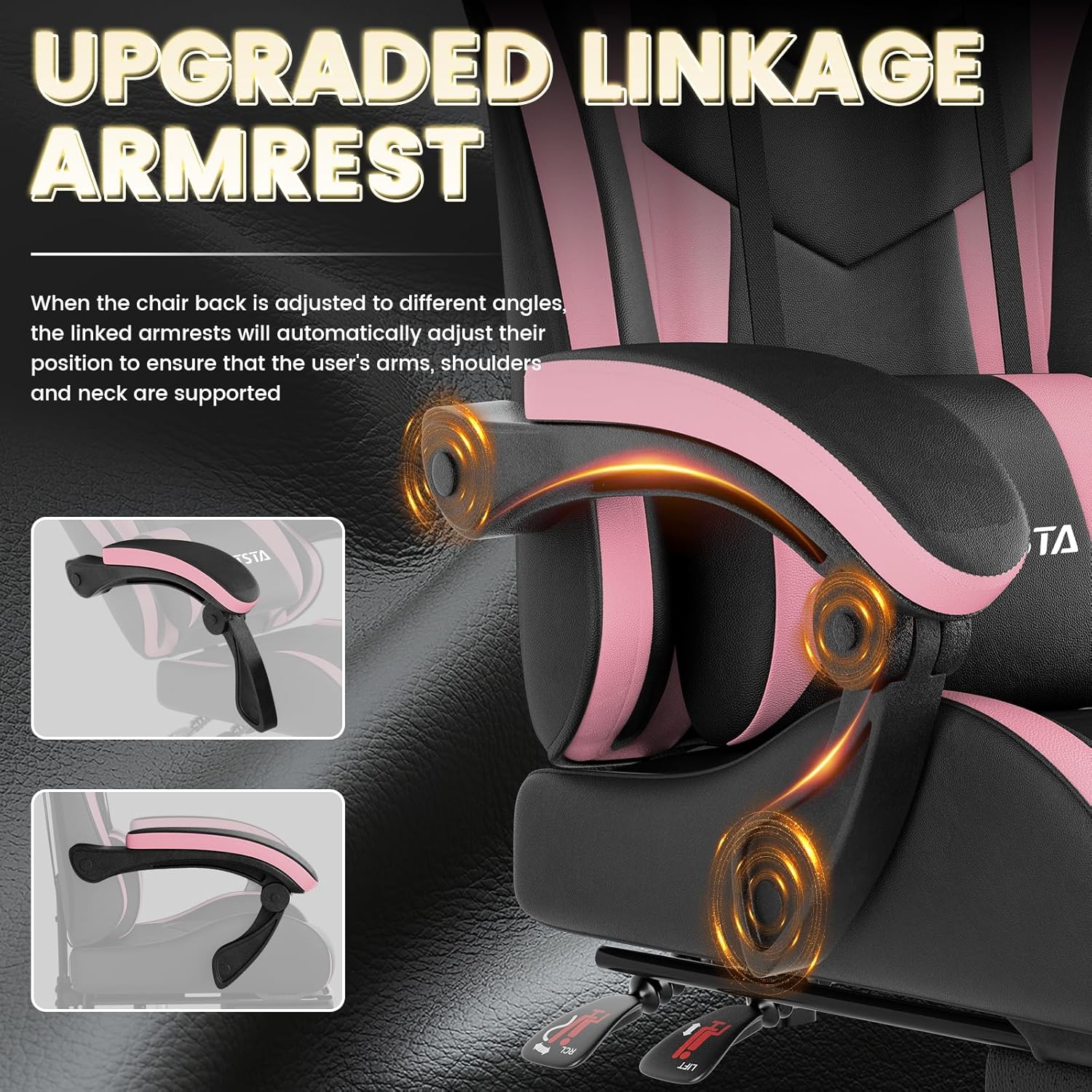 Thumbnail 5 de WOTSTA Gaming Chair with Footrest – Ergonomic PC Chair with Lumbar Support, Head Rest and 360° Swivel (Black Pink)