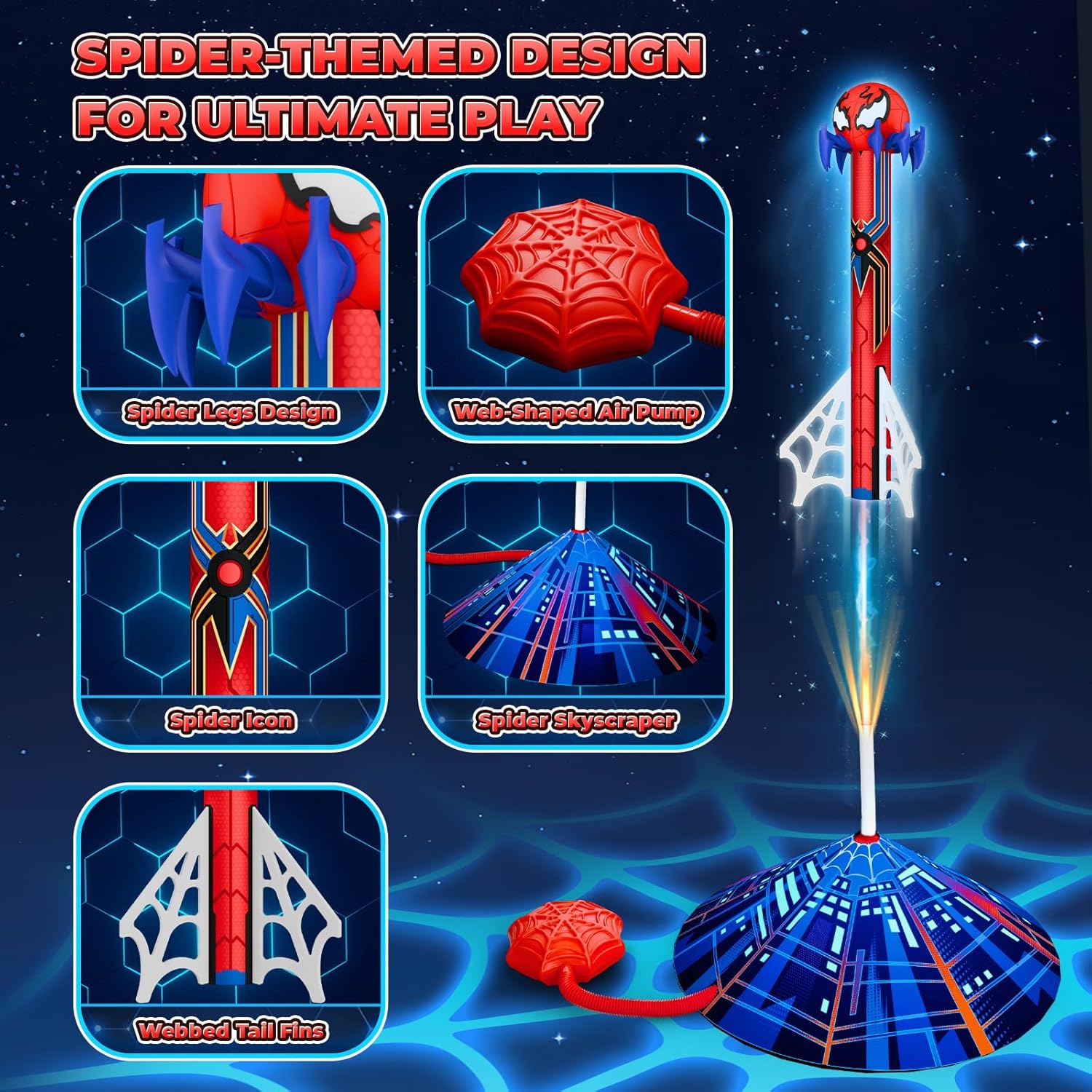 Detalle de Spider Rocket Launcher for Kids: 4 Rockets with Web Air Pump & Stomping Launcher