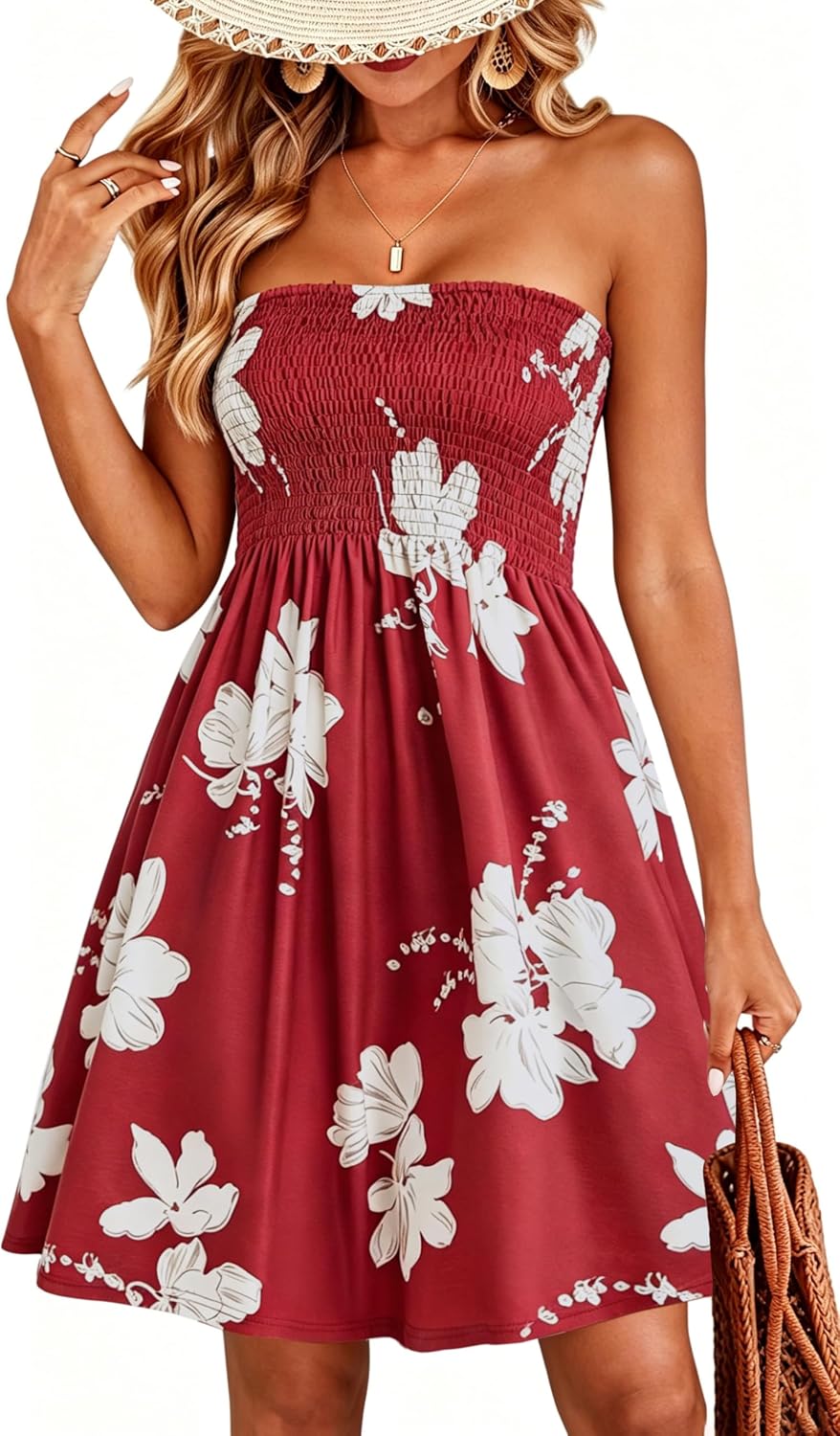 Detalle de CHICGAL Summer Dresses for Women Beach Cover Ups Strapless Boho Floral Print Sundress