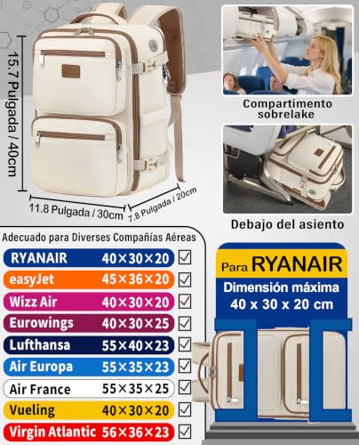 Detalle de Mochila LYNXCHER 40x30x20 cm — 24 L, cabina de avión Aprobada, 15,6" portátil, Beige