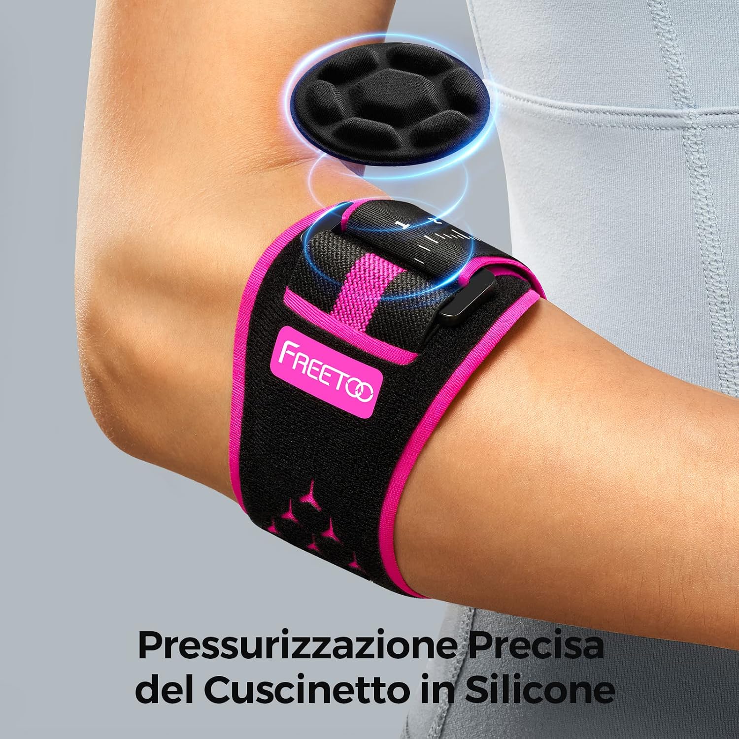 Detalle de FREETOO Tutore Epicondilite Gomito per Tennista – Gomitiera regolabile con supporto rimovibile, comforting in rosa
