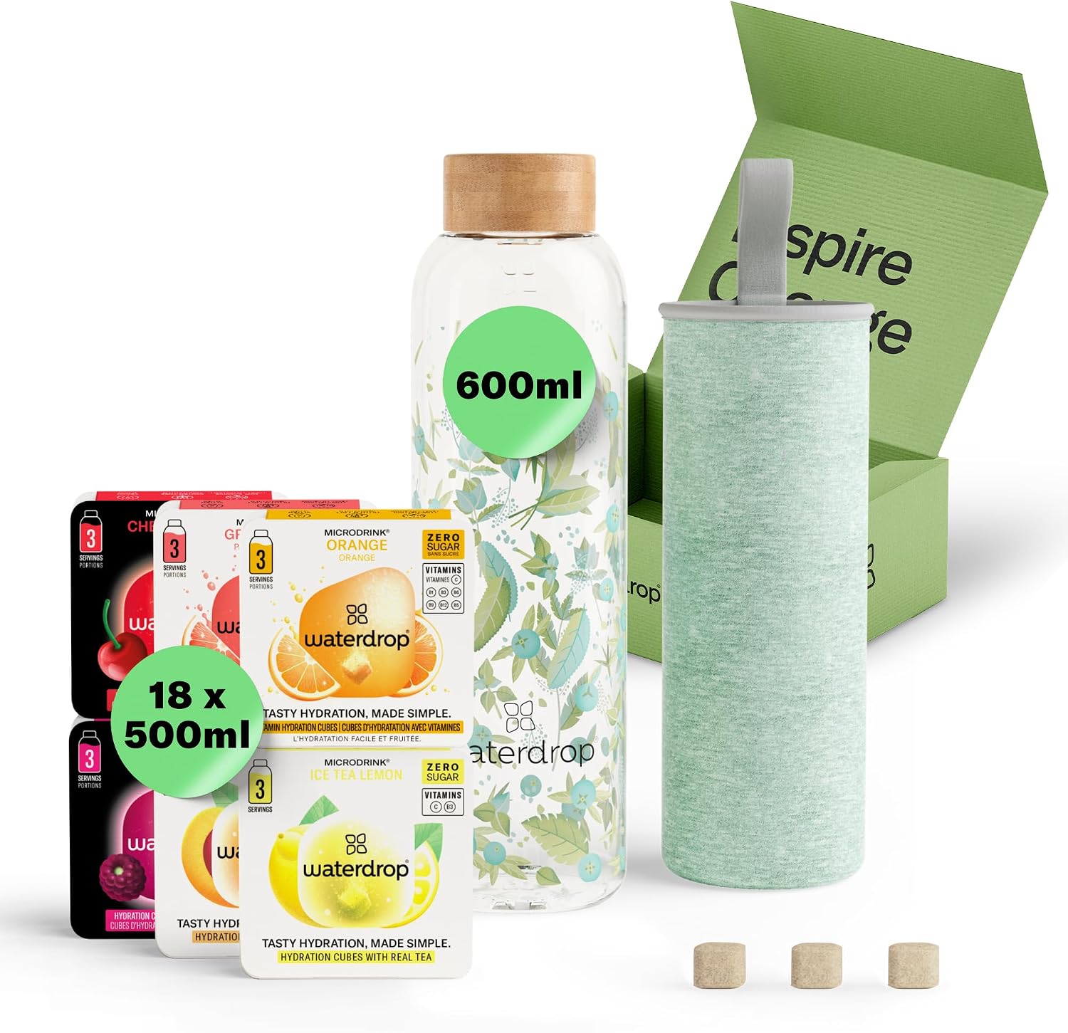 waterdrop Flasche Glas 600 ml mit Drops