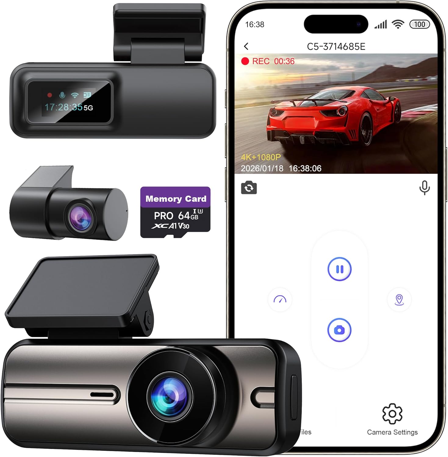 Detalle de Dash Cam Front and Rear 4K+1080P with 5GHz WiFi, Dual Cameras and 64GB Card (App Control)
