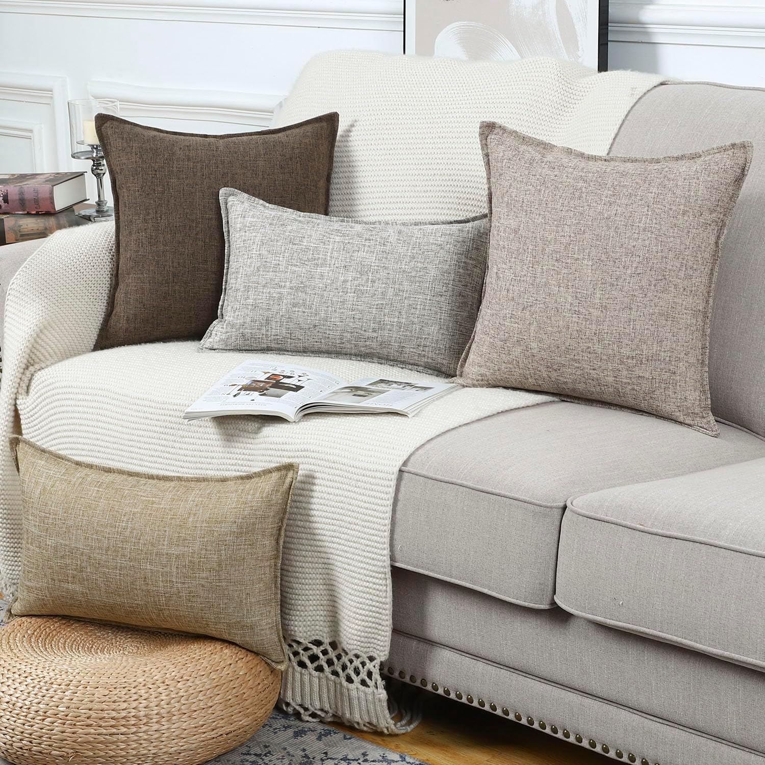 Detalle de Madizz 2er Set Kissenbezüge aus Polyester-Leinen (Taupe) – 45 x 45 cm