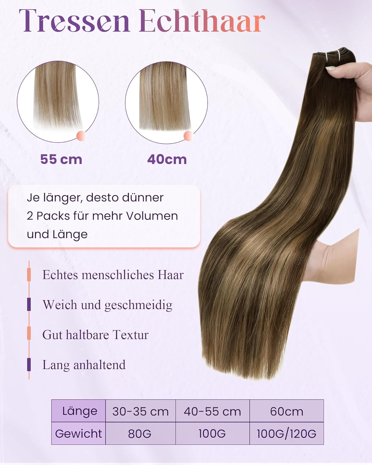 Detalle 2 de LaaVoo Echthaar Extensions Tressen Braun Ombre – Echthaar zum Einnähen, 100 g, 55 cm, Dunkelbraun Balayage Caramel Blond