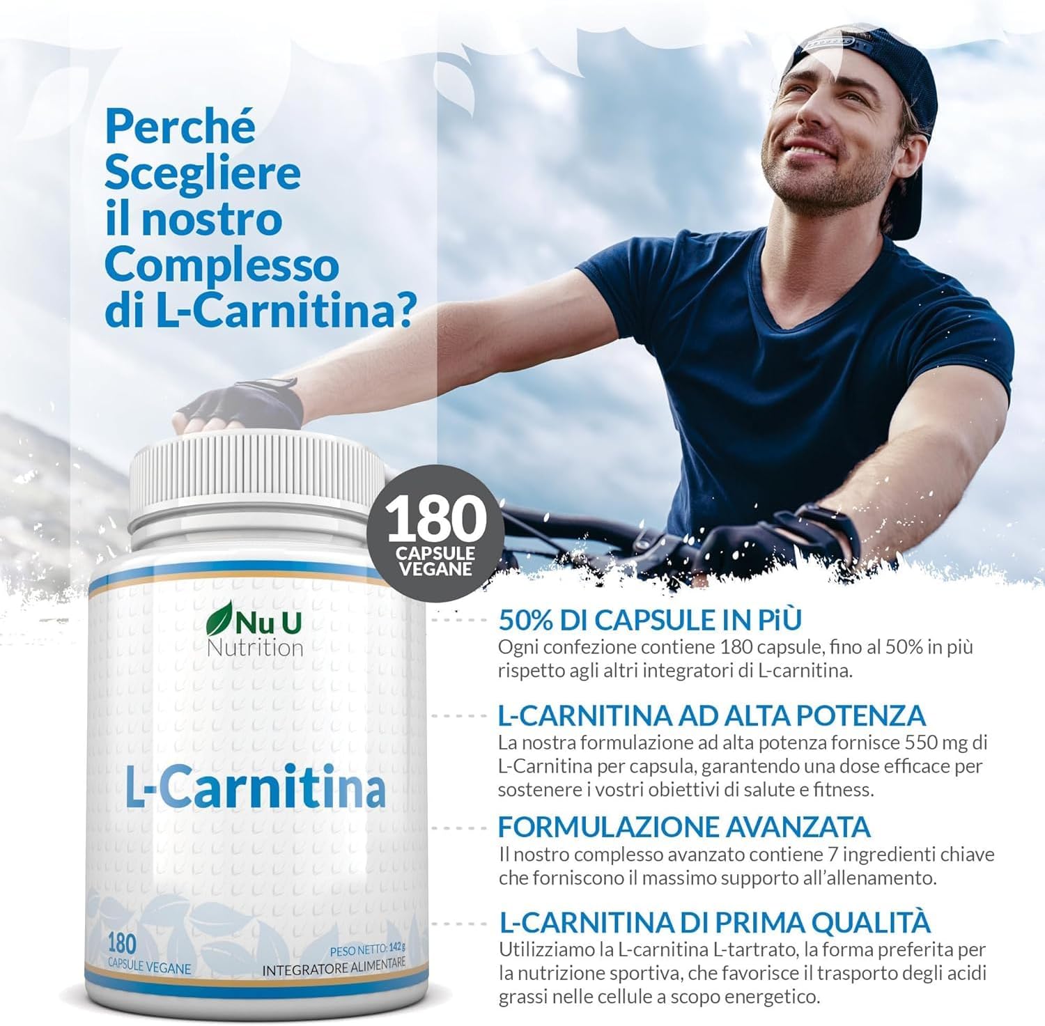 Detalle 2 de L-Carnitina Tartrato Forte - 180 Capsule Vegane di Nu U Nutrition